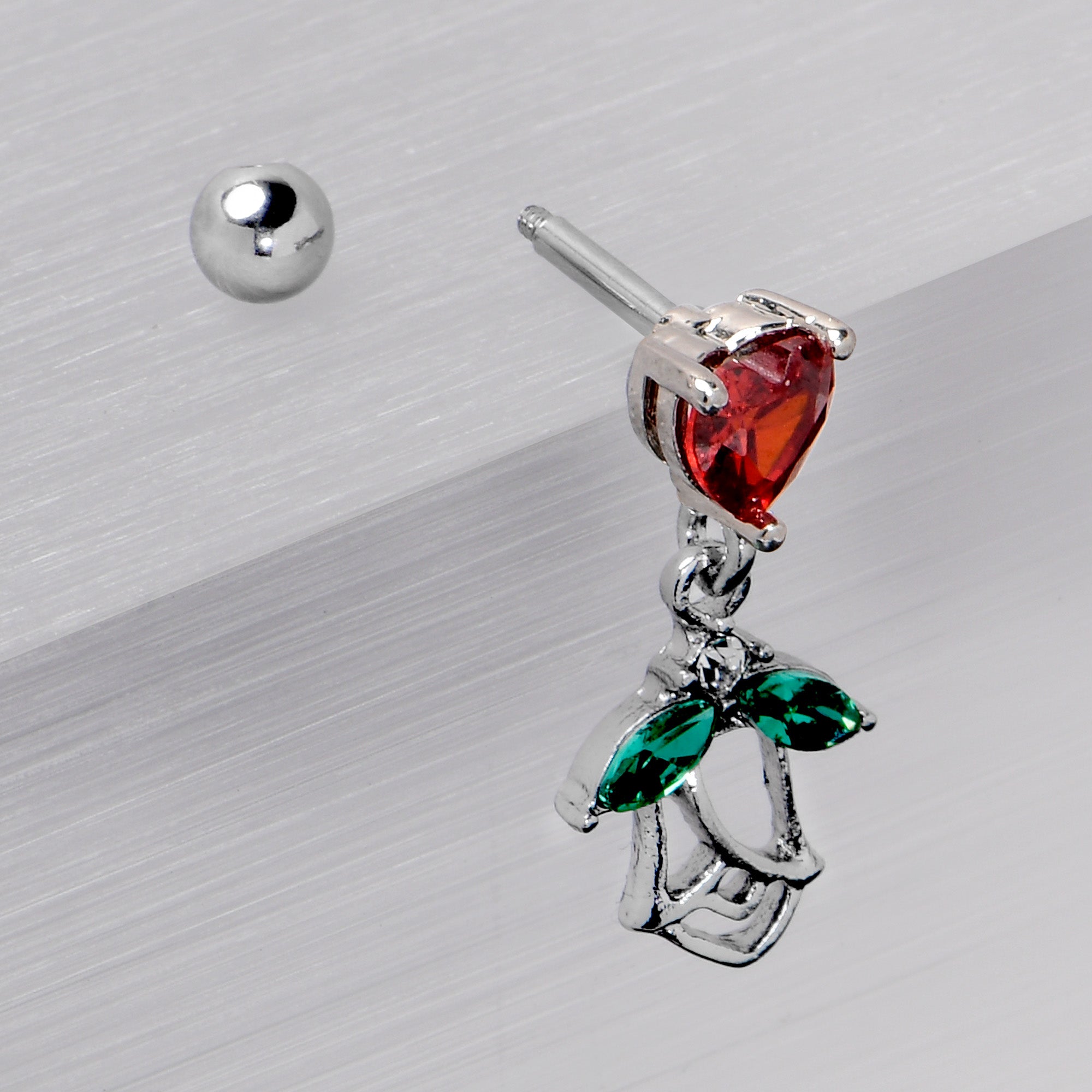 16 Gauge 1/4 Red CZ Gem Heart And Rose Dangle Cartilage Earring