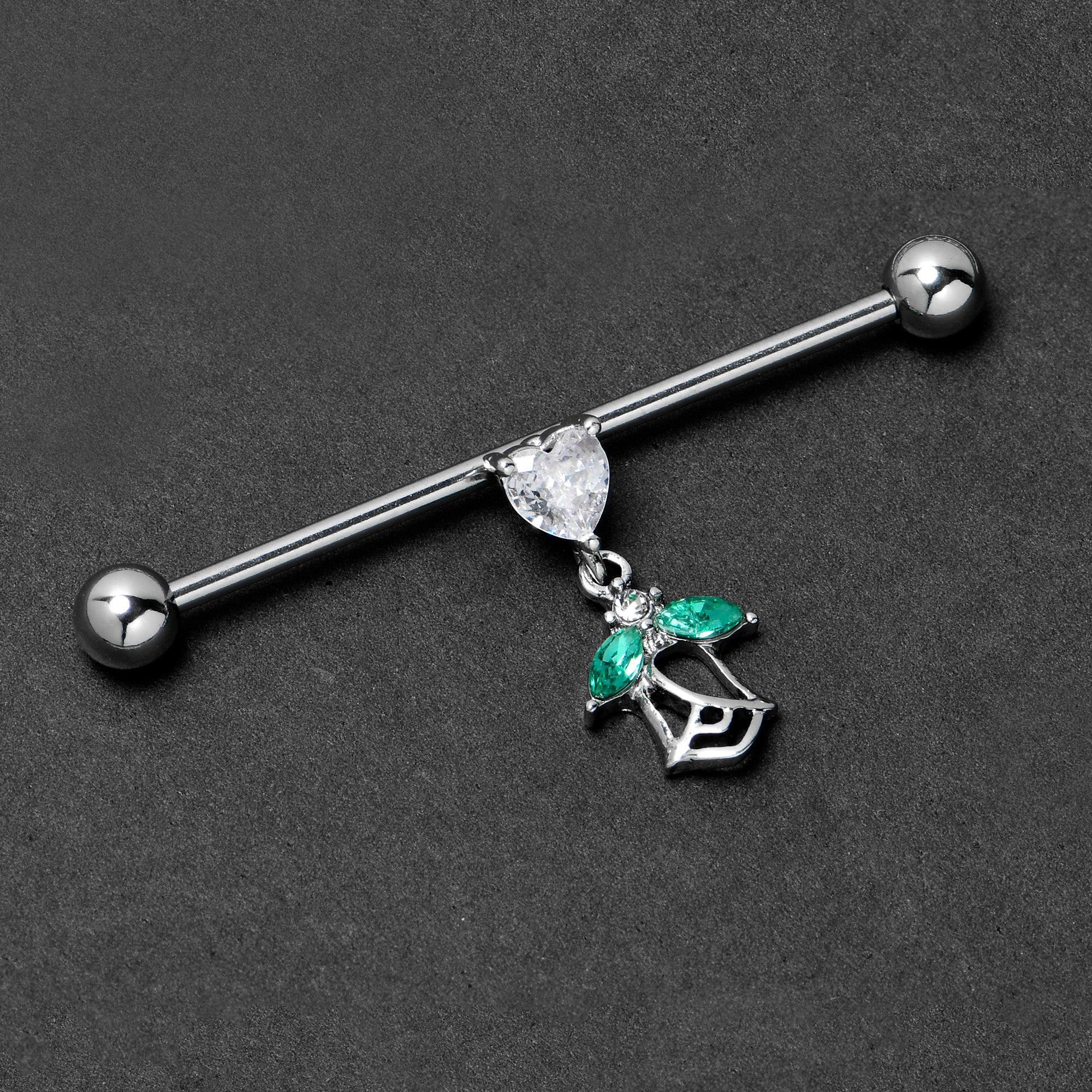 14 Gauge Clear CZ Gem Heart And Rose Dangle Industrial Barbell 38mm