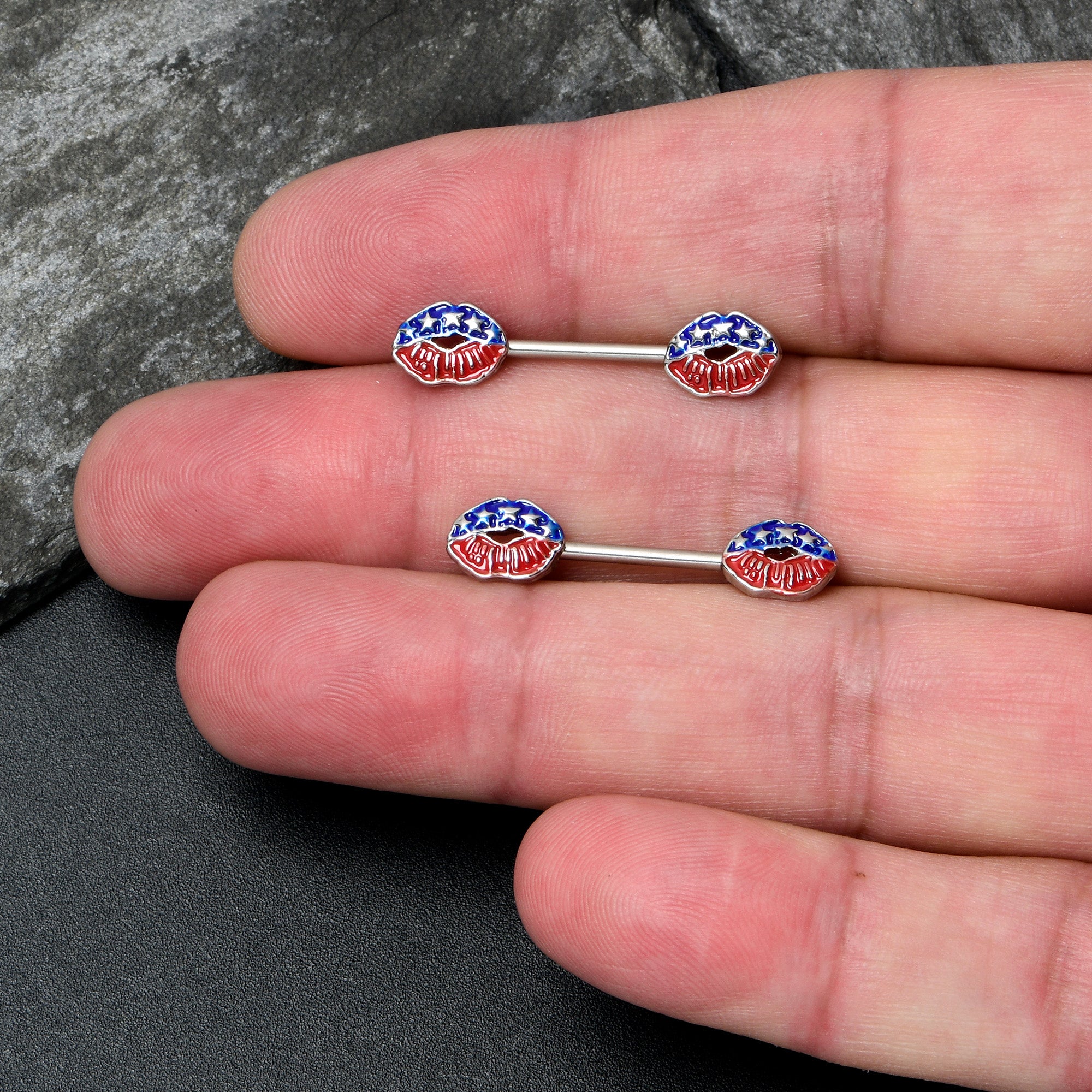 14 Gauge 9/16 Patriotic Kissy Lips Barbell Nipple Ring Set