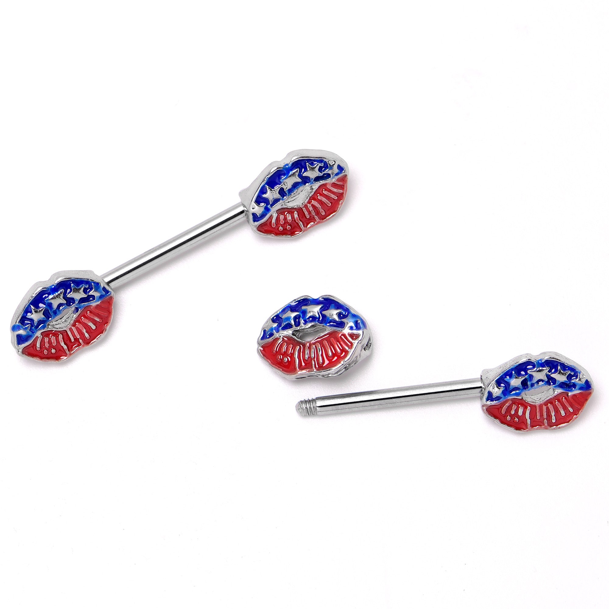 14 Gauge 9/16 Patriotic Kissy Lips Barbell Nipple Ring Set