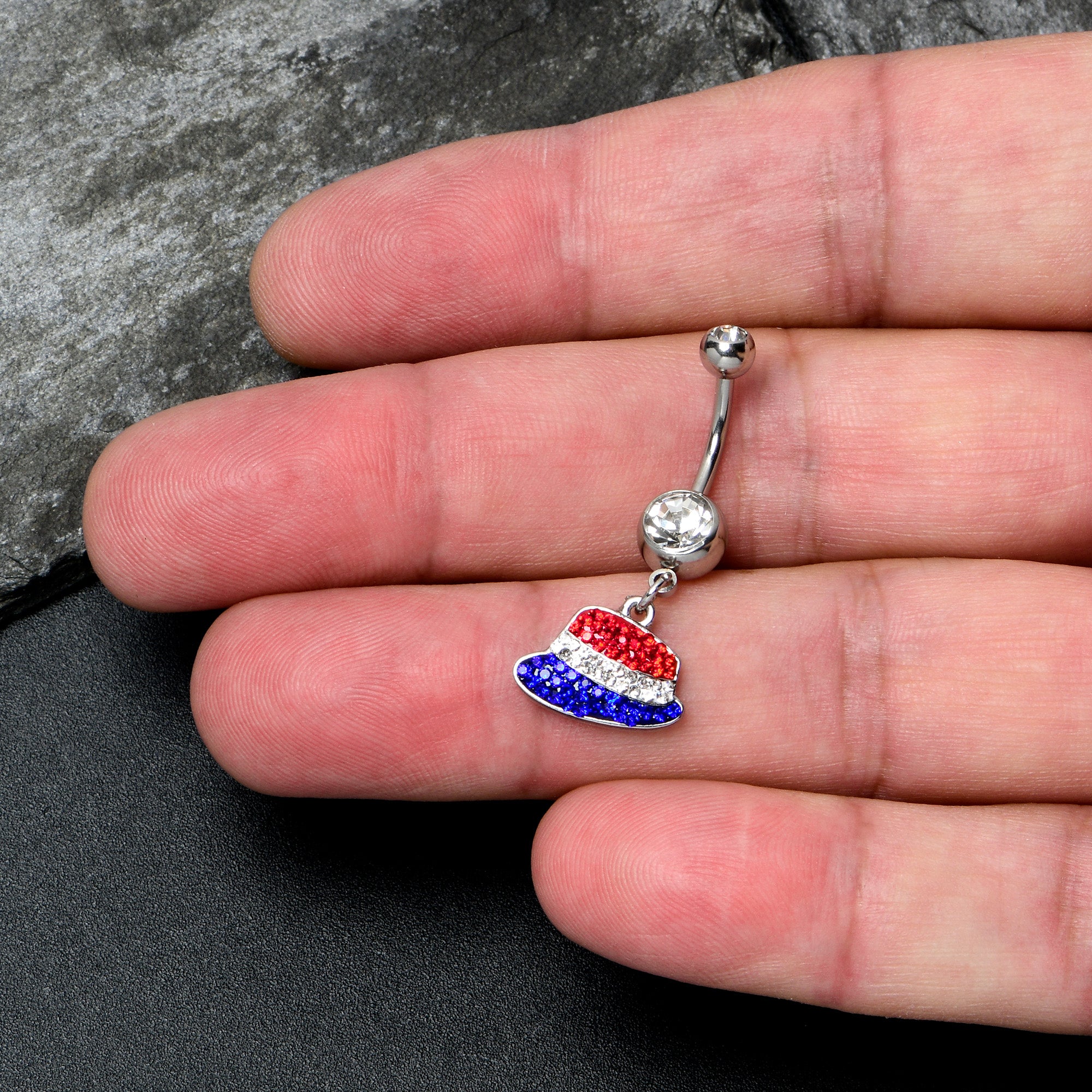 Red Blue Clear Gem Patriotic Hat Dangle Belly Ring