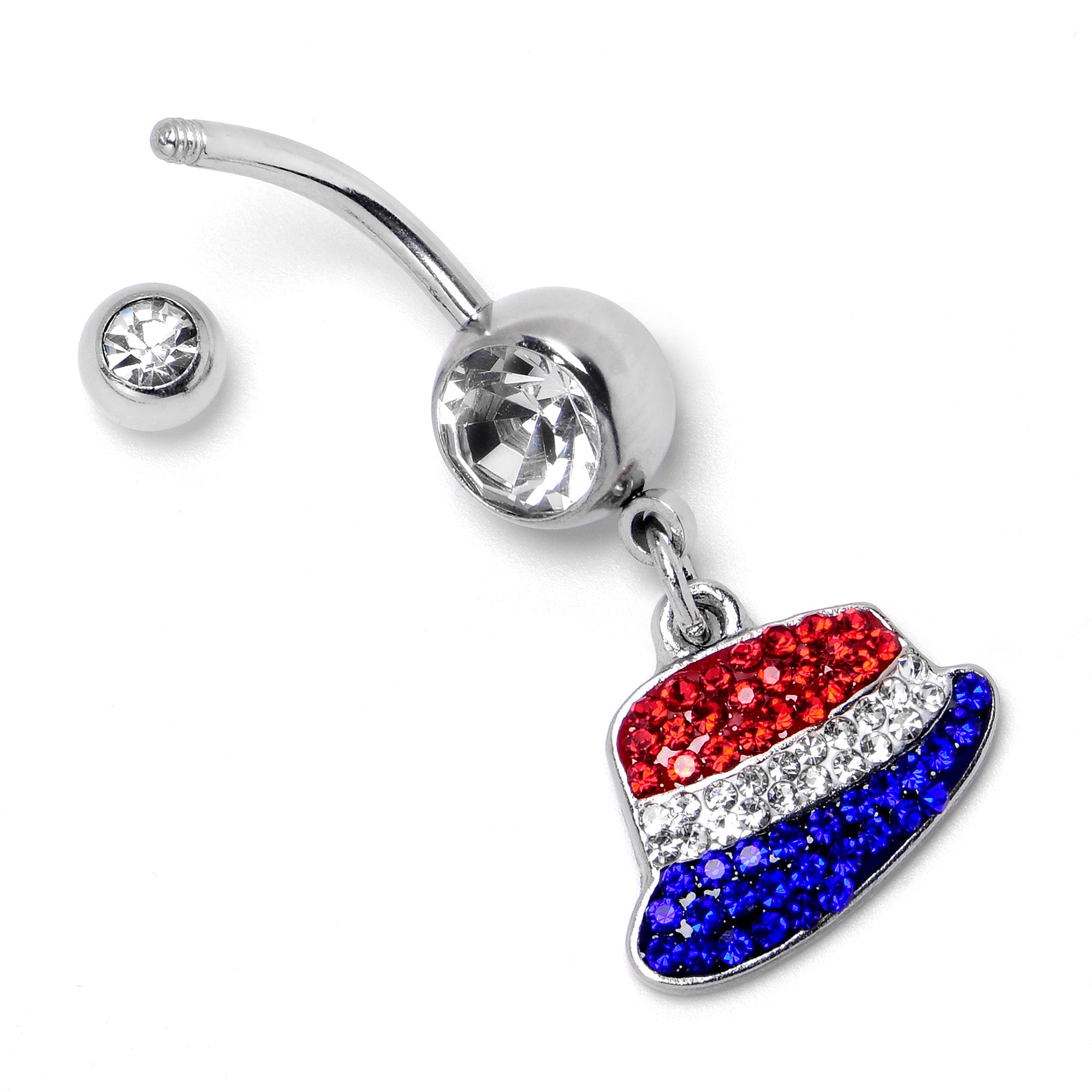 Red Blue Clear Gem Patriotic Hat Dangle Belly Ring