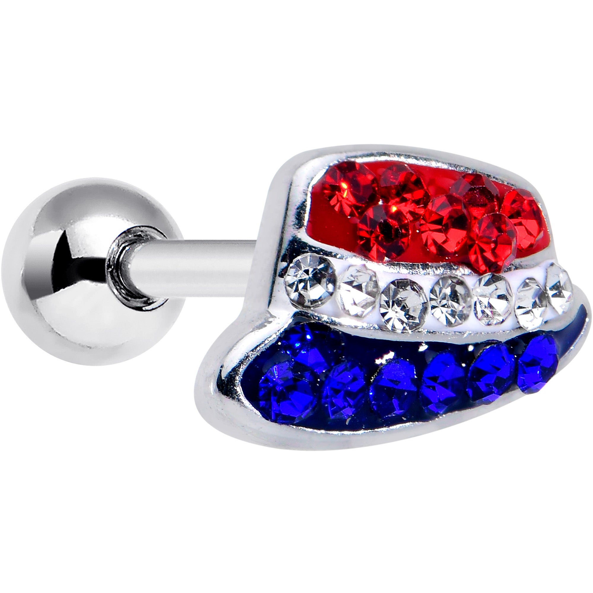 16 Gauge 1/4 Red Blue Clear Gem Patriotic Hat Cartilage Tragus Earring