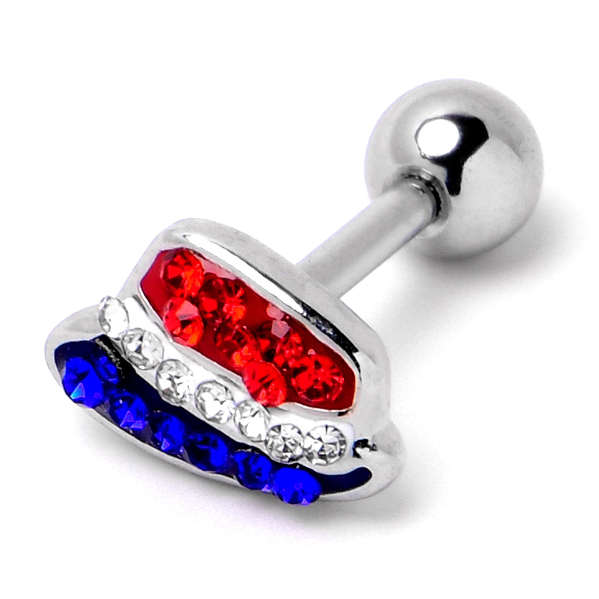 16 Gauge 1/4 Red Blue Clear Gem Patriotic Hat Cartilage Tragus Earring