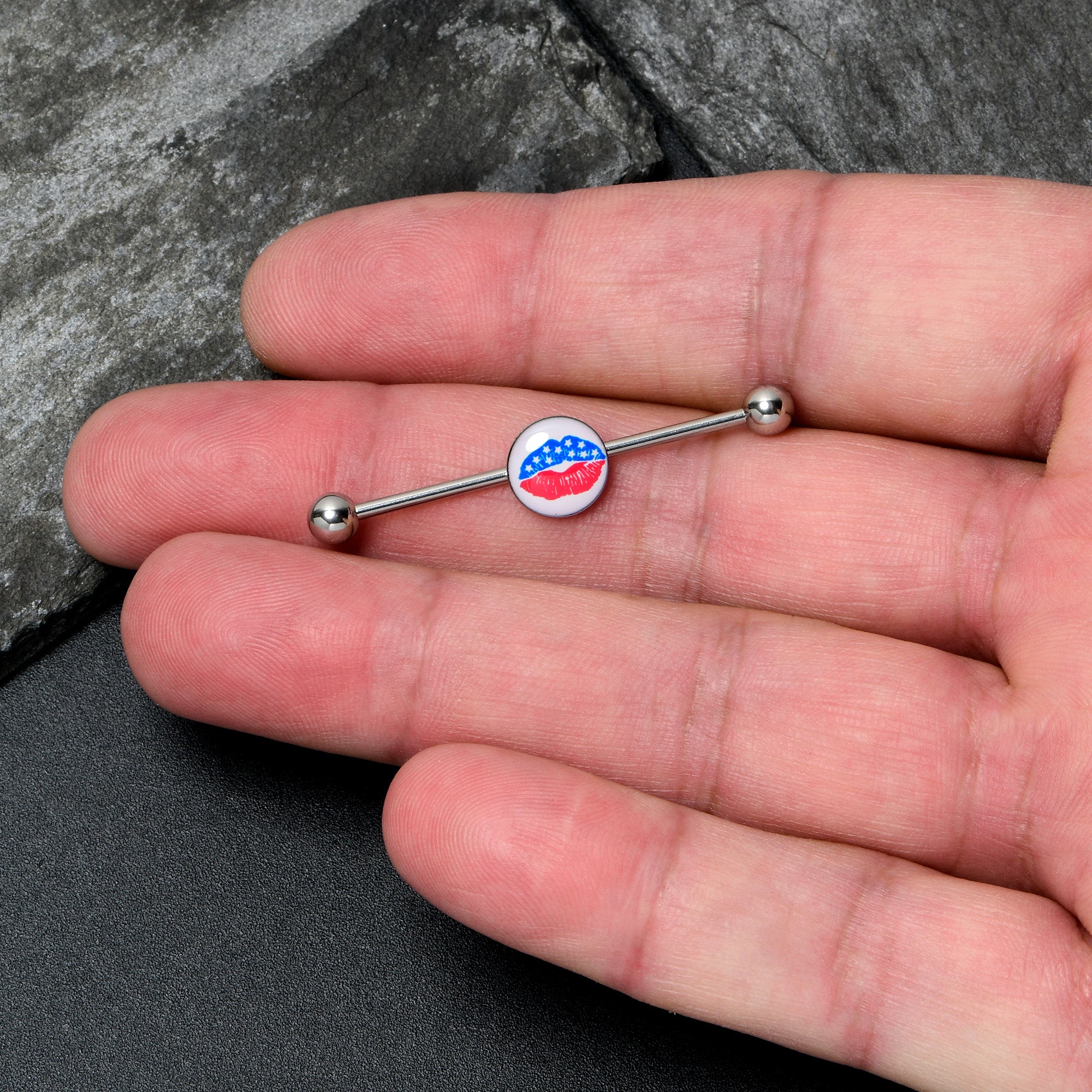 14 Gauge Inlay Patriotic Kissy Lips Industrial Barbell 38mm