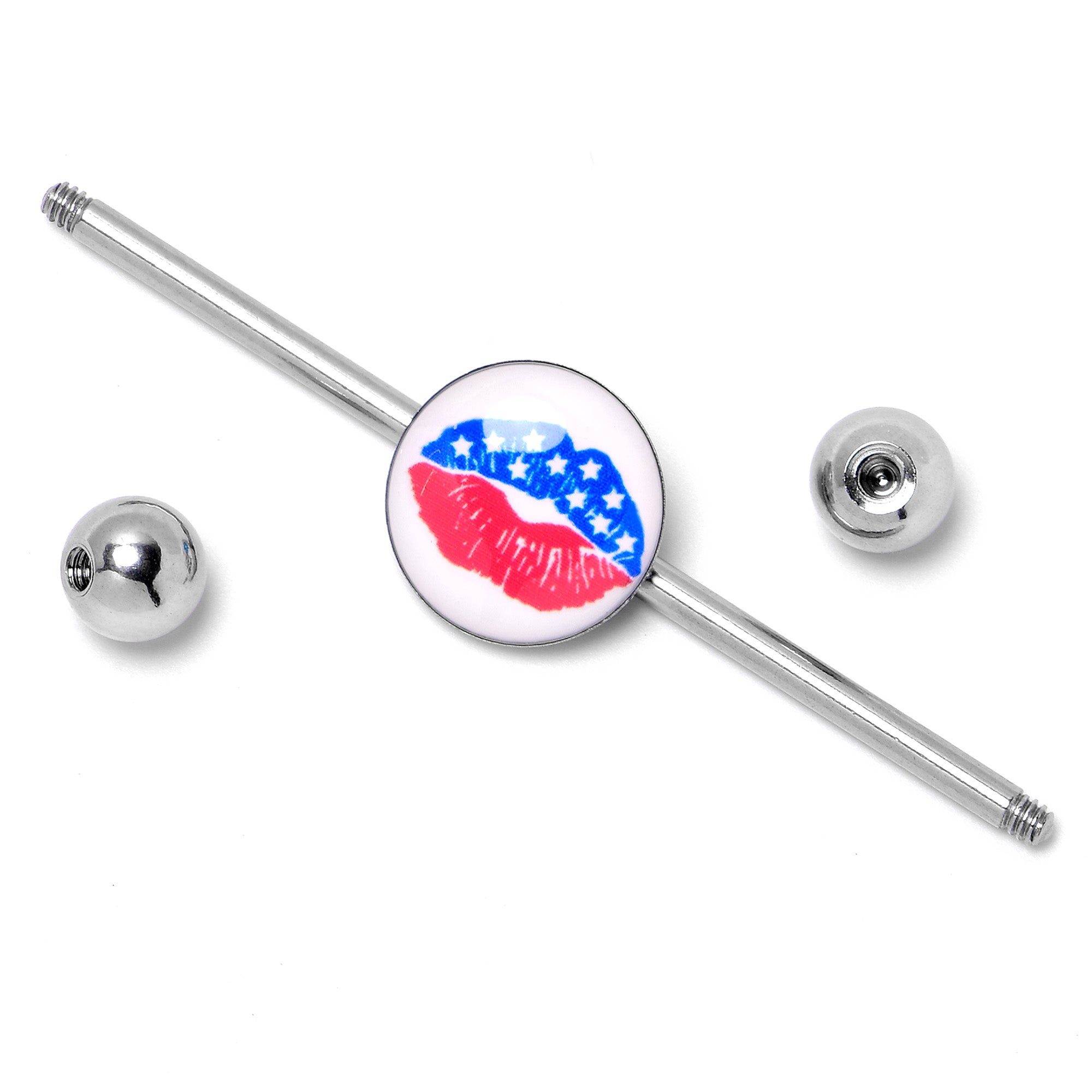 14 Gauge Inlay Patriotic Kissy Lips Industrial Barbell 38mm