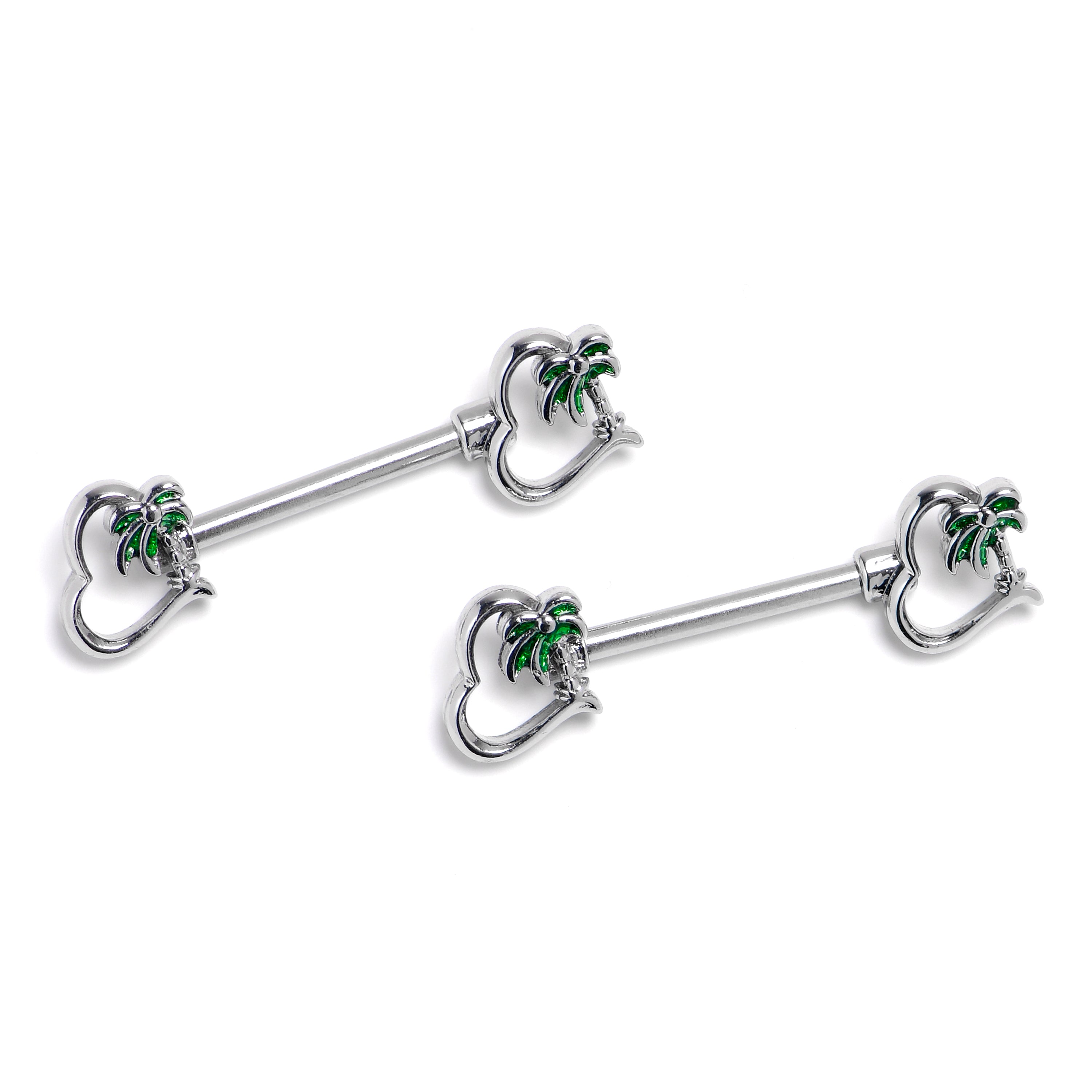 14 Gauge 9/16 Palm Tree Love Hearts Barbell Nipple Ring Set