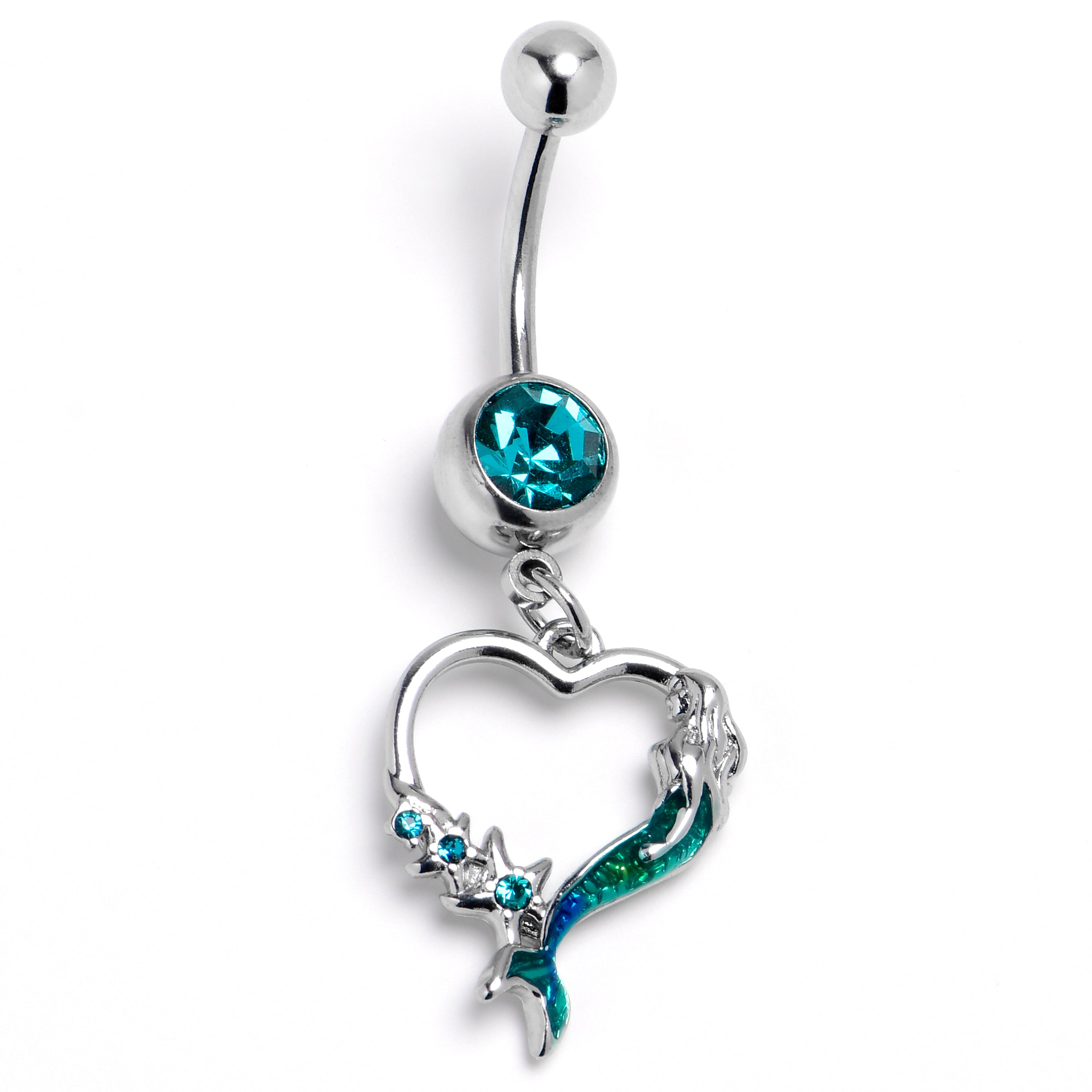 Green Gem Mermaid Tail Stars Heart Dangle Belly Ring