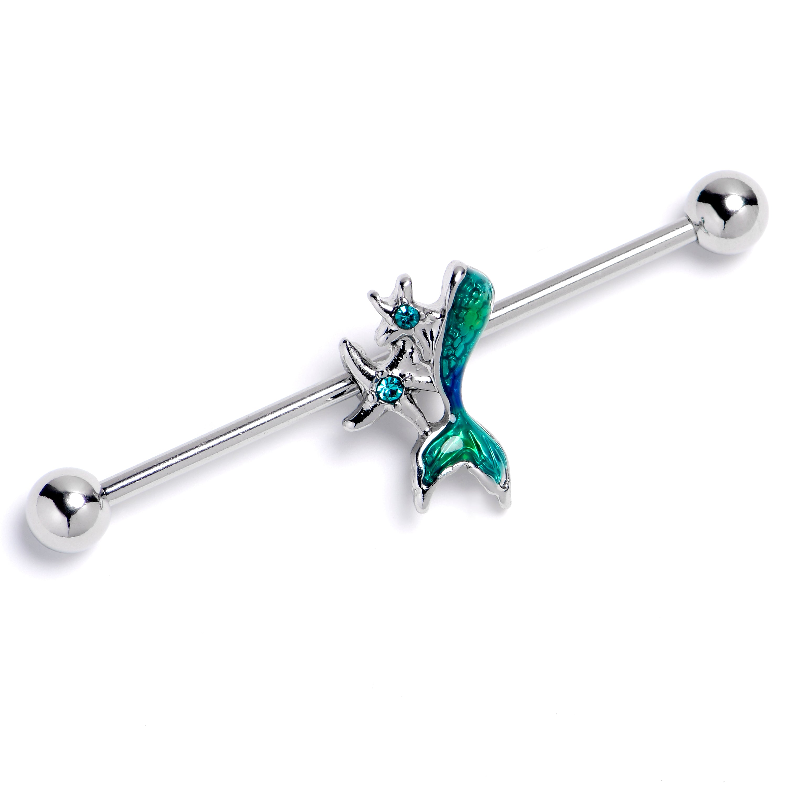 14 Gauge Green Gem Green Mermaids Tail Star Industrial Barbell 38mm