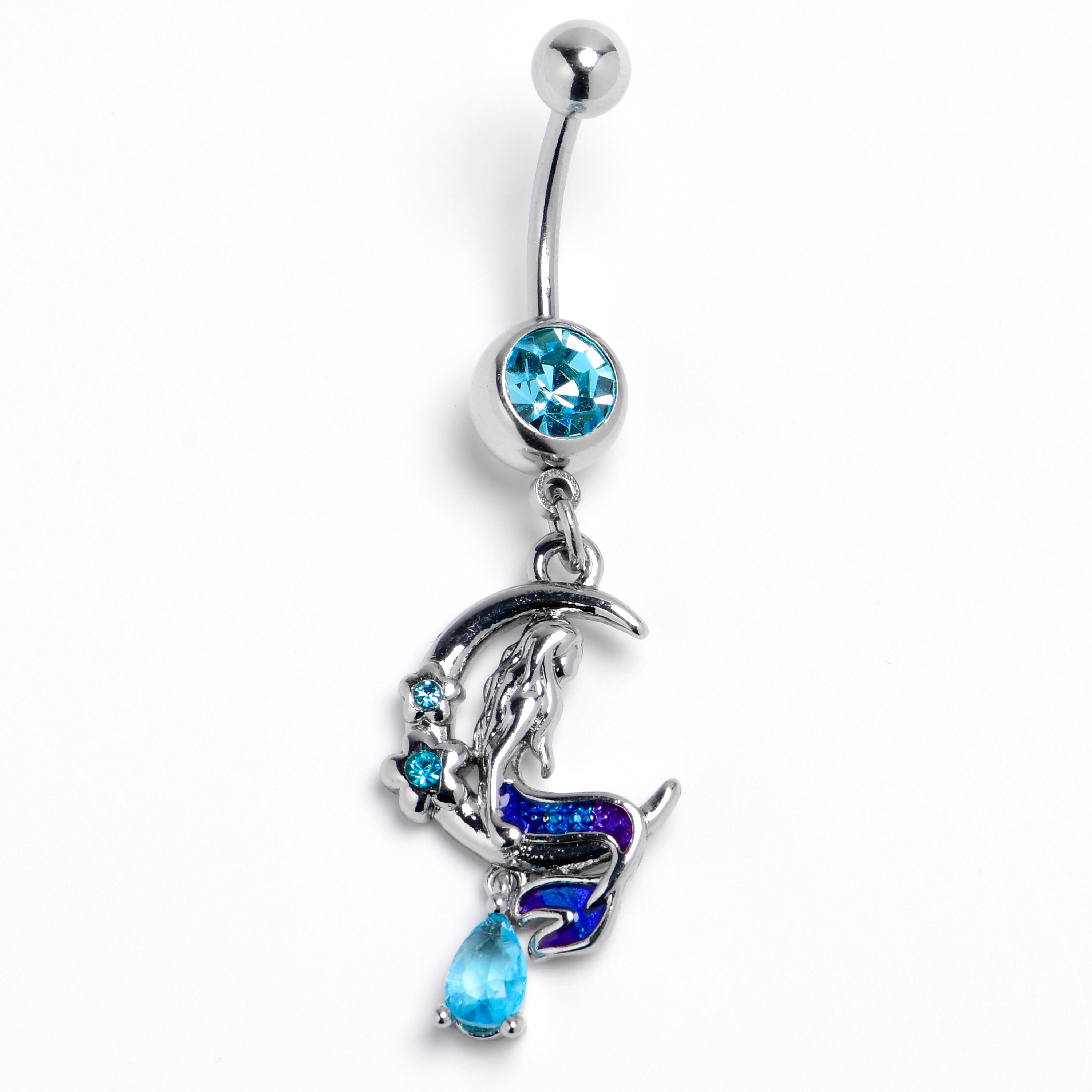 Blue Gem Floral Mermaid Moon Dangle Belly Ring