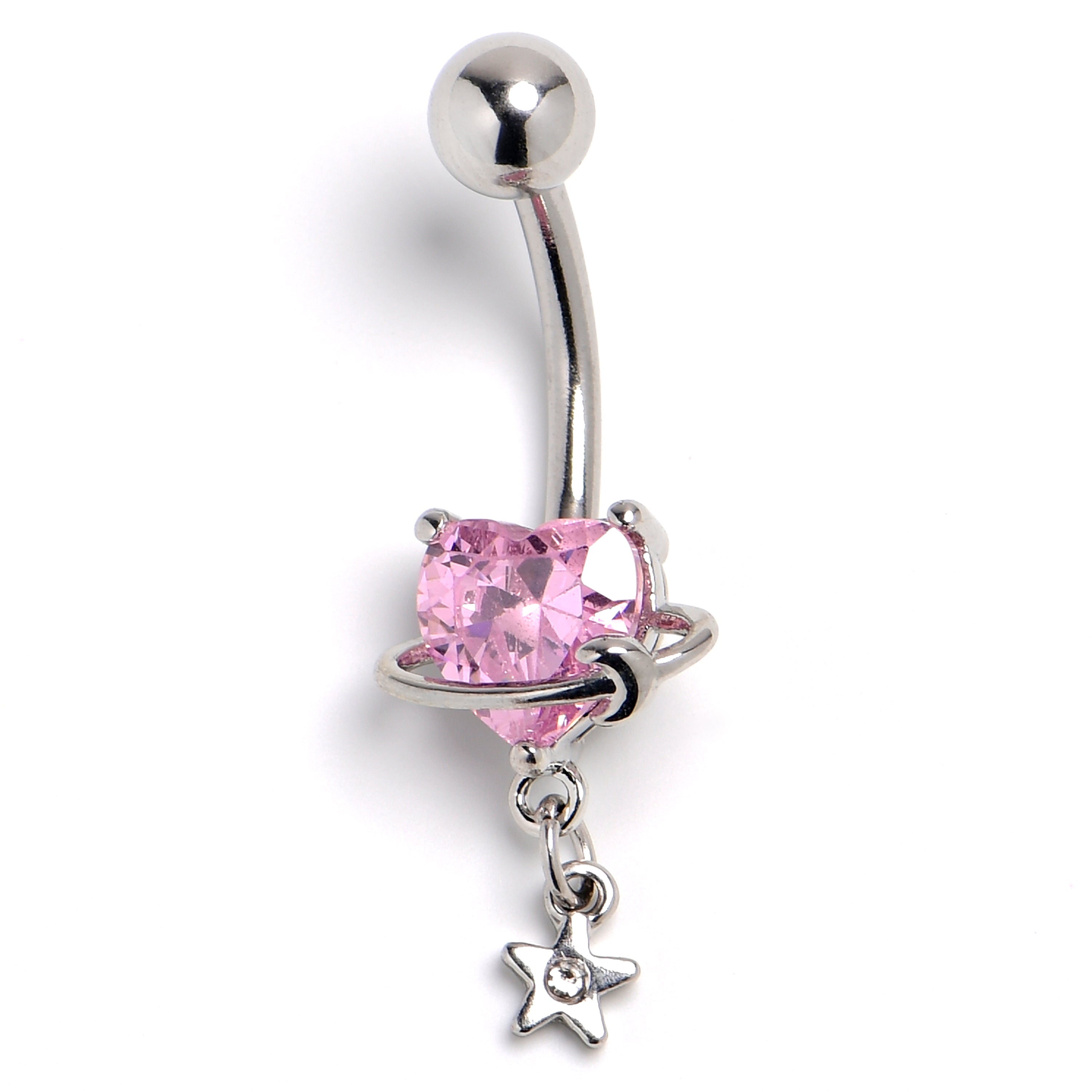 CZ Gem Pink Celestial Starry Heart Dangle Belly Ring