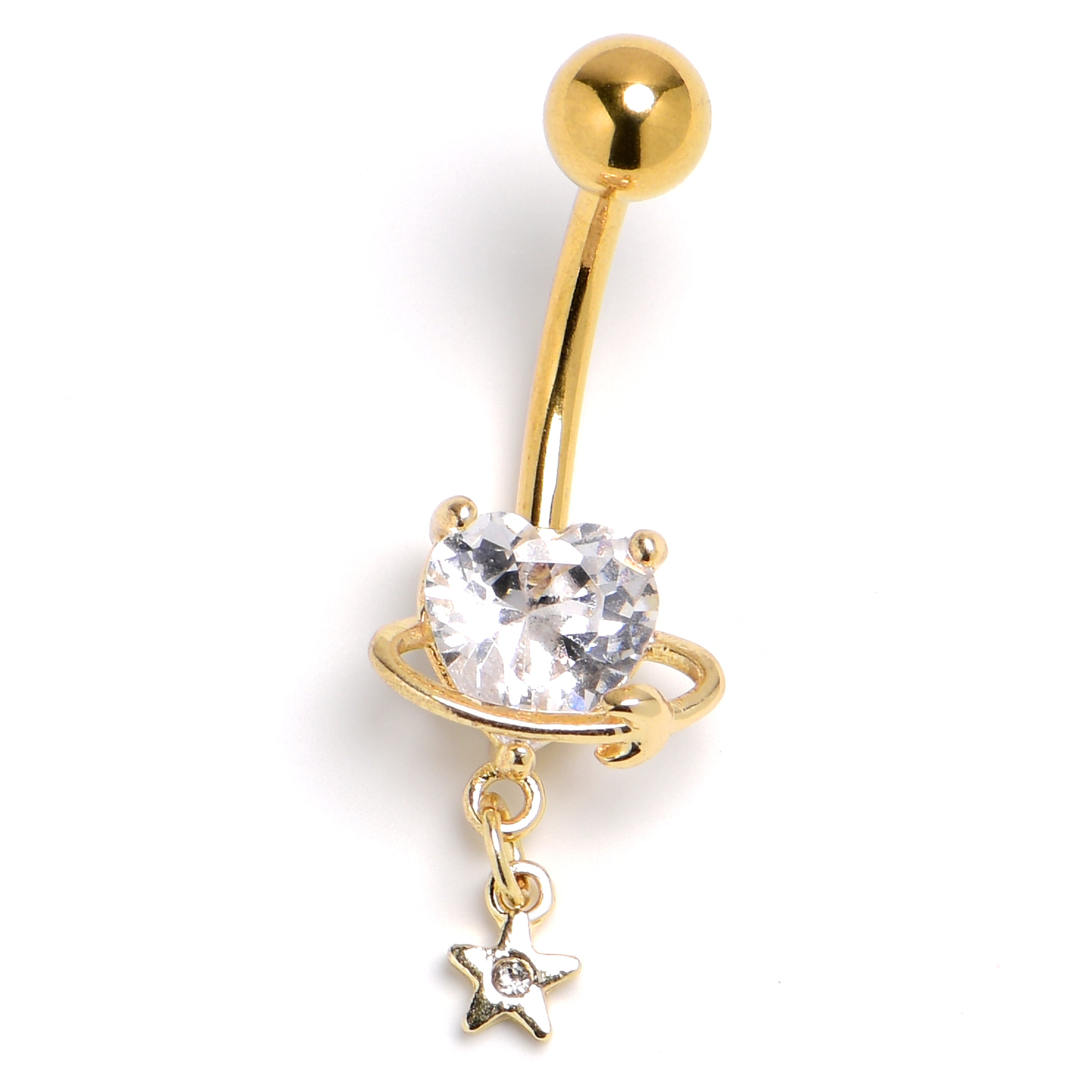 Gold Tone CZ Gem Celestial Starry Heart Dangle Belly Ring