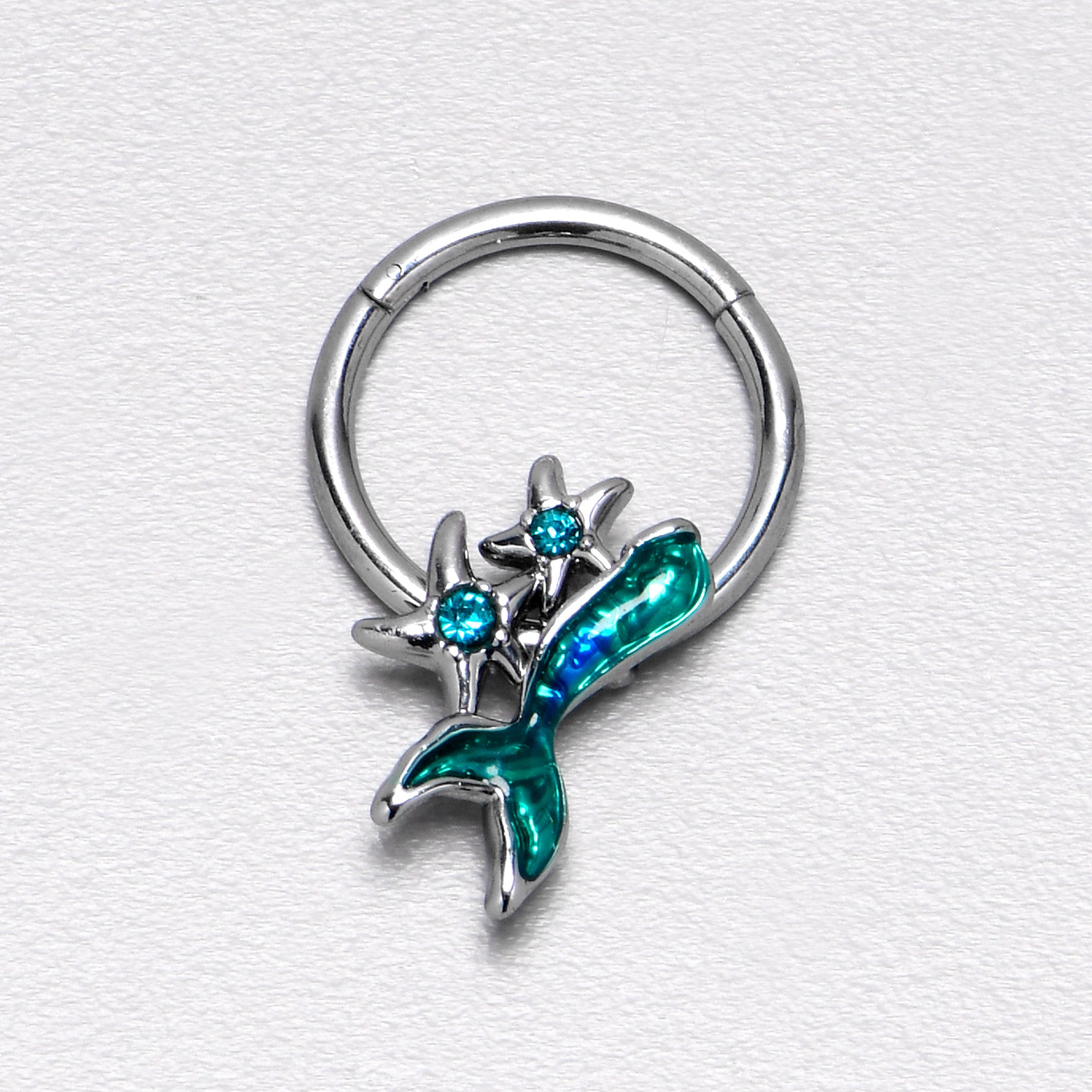 16 Gauge 3/8 Blue Gem Green Mermaid Tail Stars Hinged Segment Ring