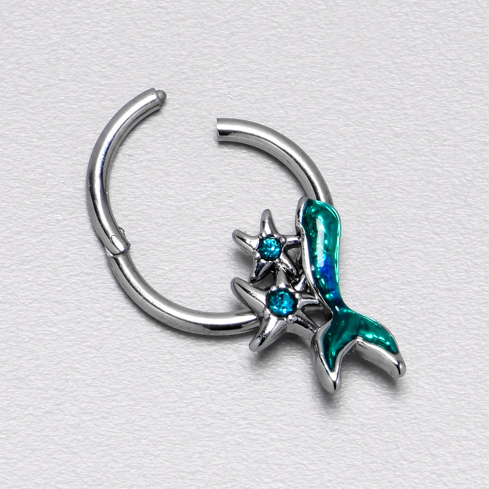 16 Gauge 3/8 Blue Gem Green Mermaid Tail Stars Hinged Segment Ring