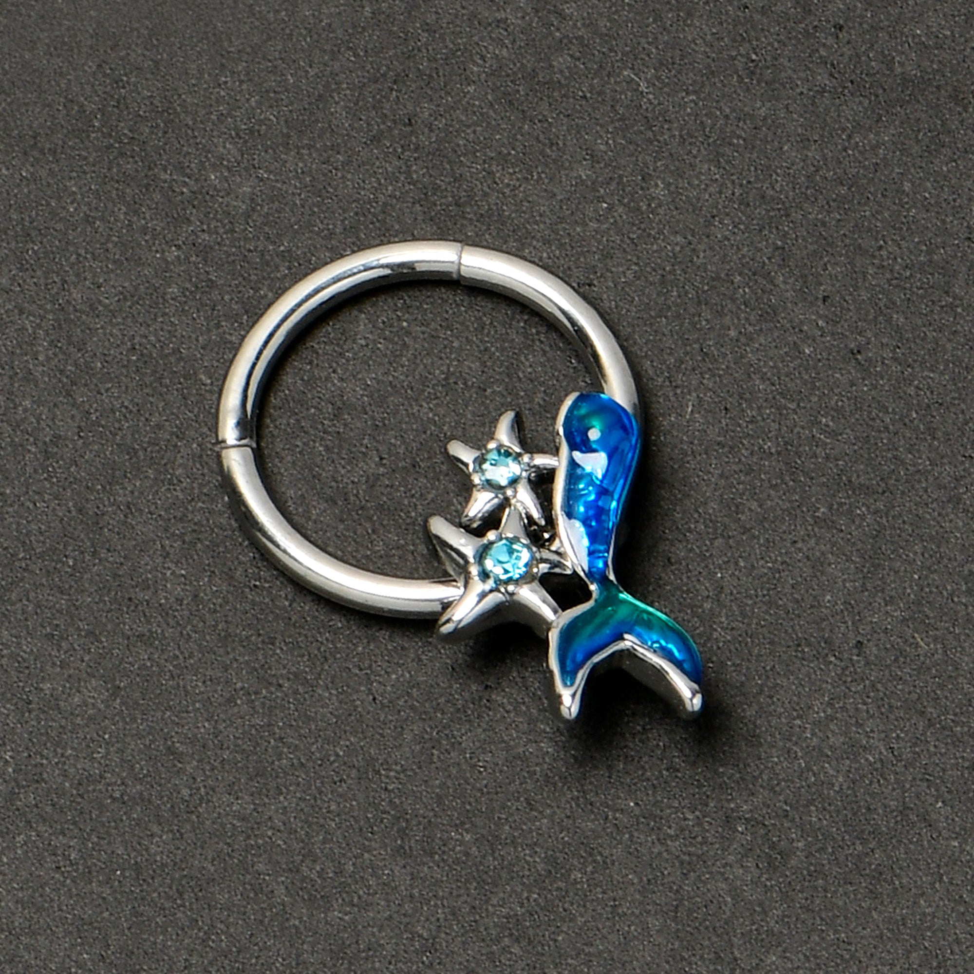 16 Gauge 3/8 Blue Gem Blue Mermaid Tail Stars Hinged Segment Ring