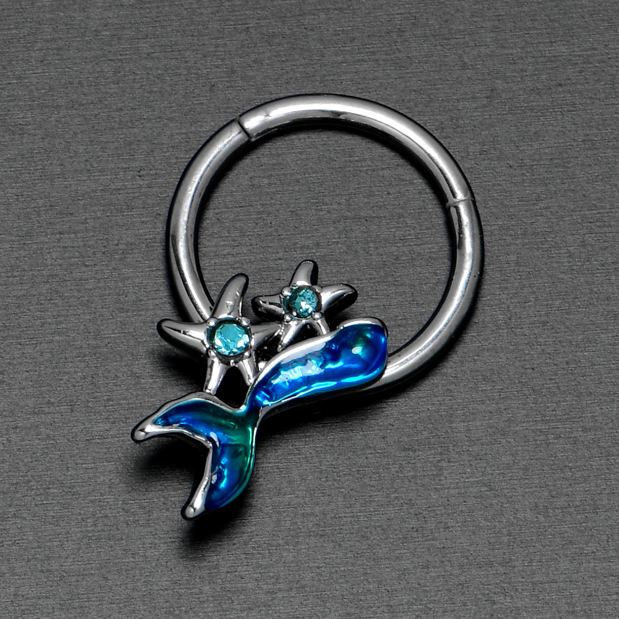 16 Gauge 3/8 Blue Gem Blue Mermaid Tail Stars Hinged Segment Ring