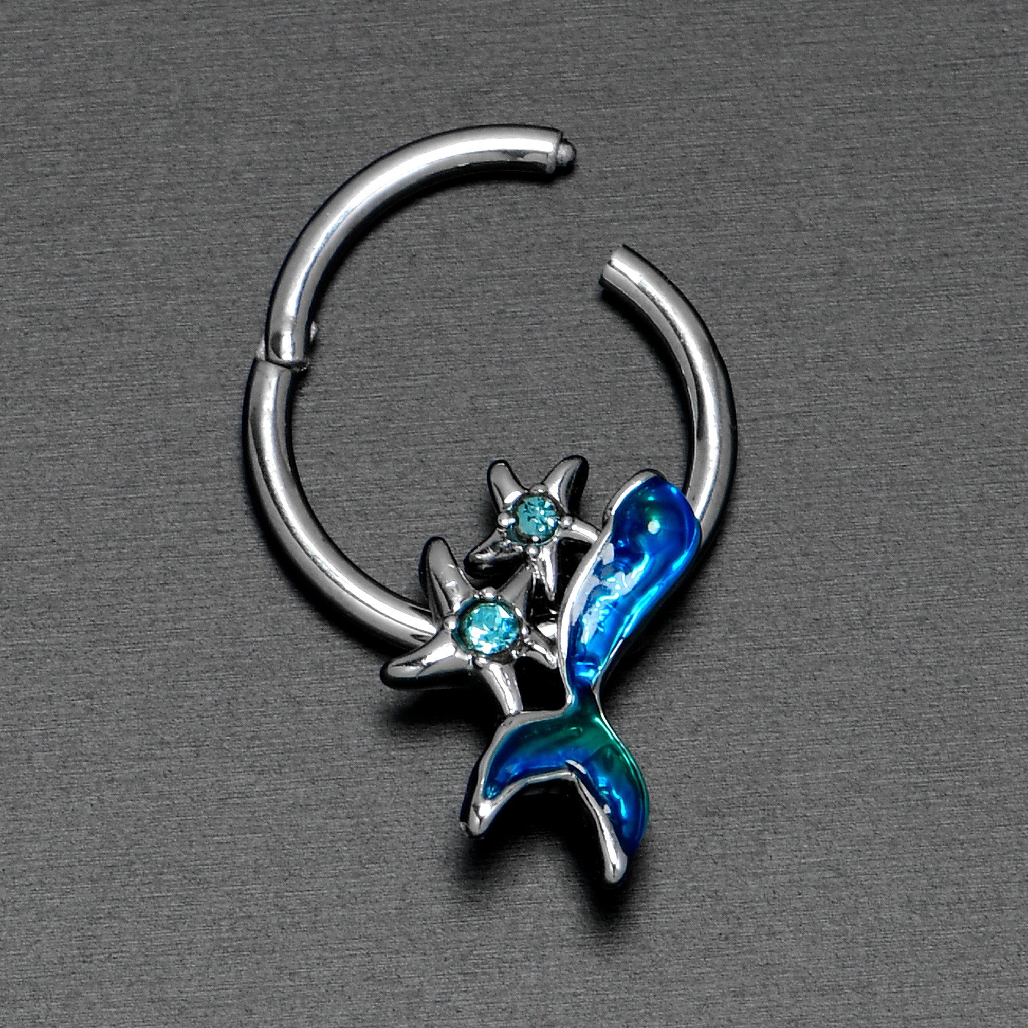 16 Gauge 3/8 Blue Gem Blue Mermaid Tail Stars Hinged Segment Ring