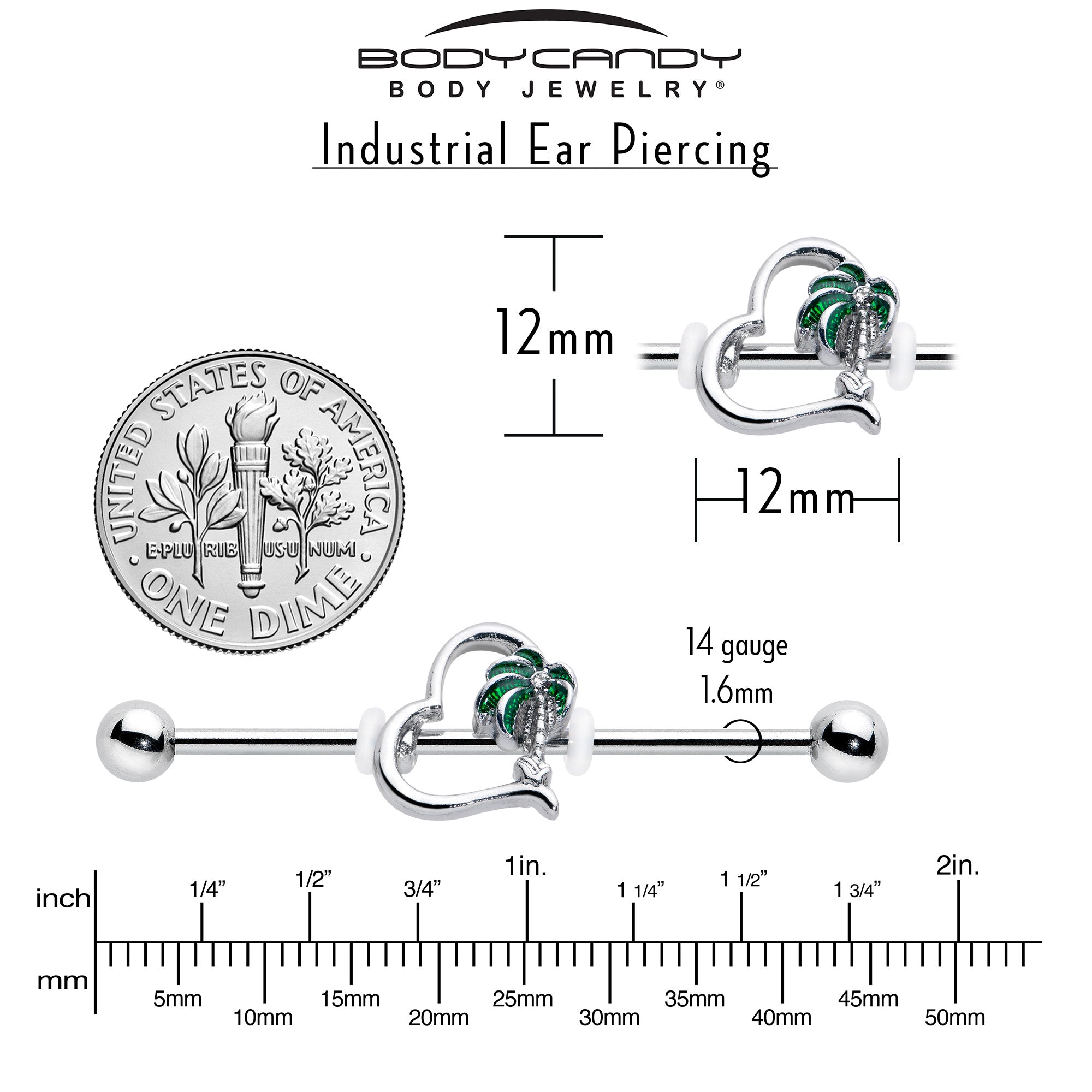 14 Gauge Clear Gem Palm Tree Love Heart Industrial Barbell 38mm