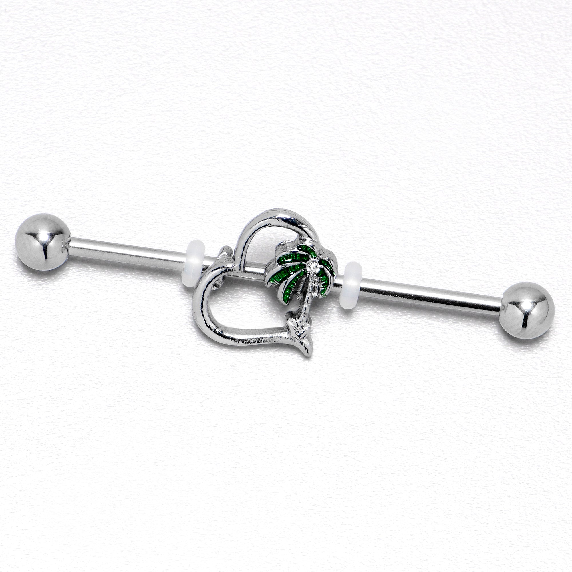 14 Gauge Clear Gem Palm Tree Love Heart Industrial Barbell 38mm