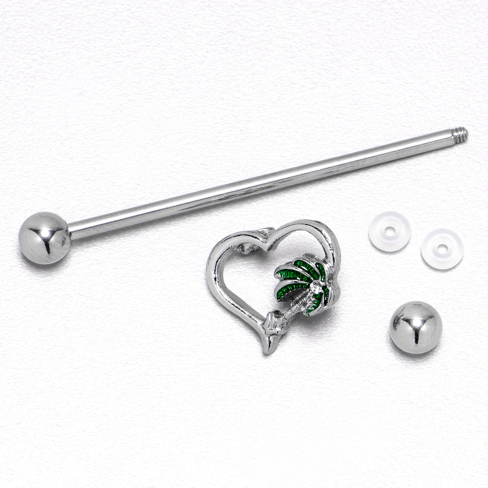 14 Gauge Clear Gem Palm Tree Love Heart Industrial Barbell 38mm