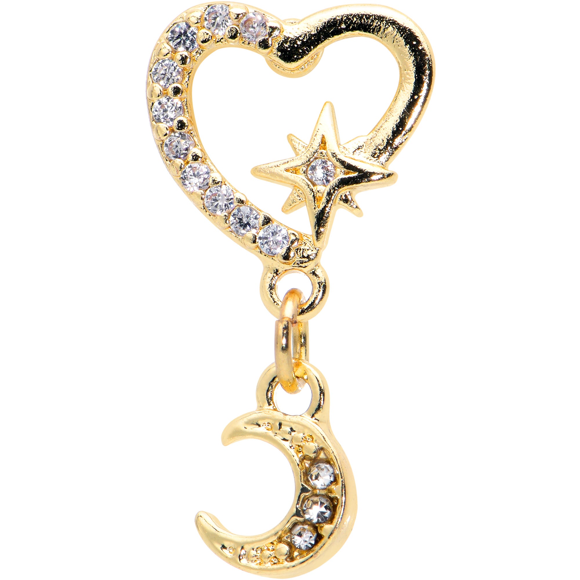 16 Gauge 1/4 Clear CZ Gem Gold Tone Heart Moon Dangle Cartilage Earring