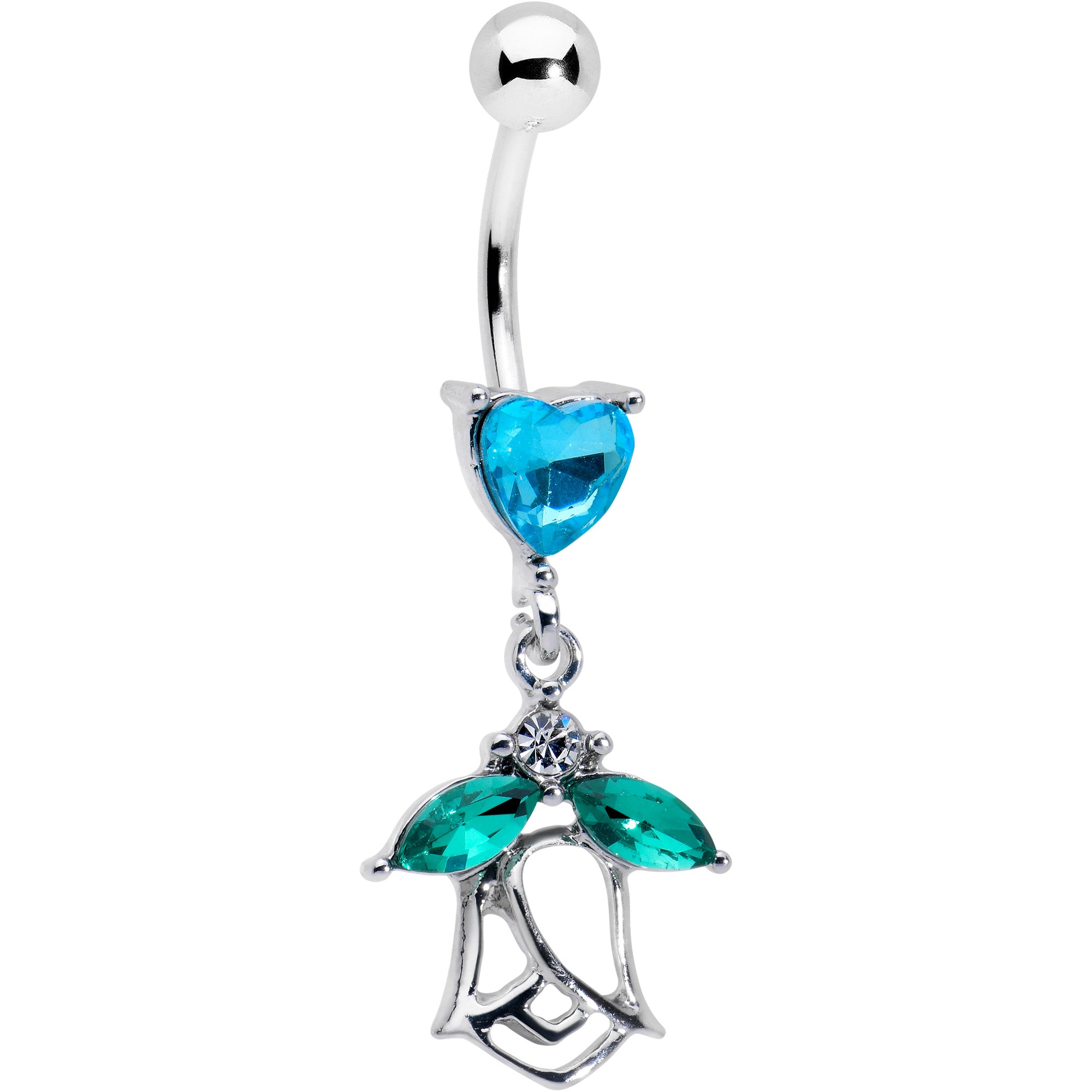 Blue CZ Gem Heart And Rose Dangle Belly Ring