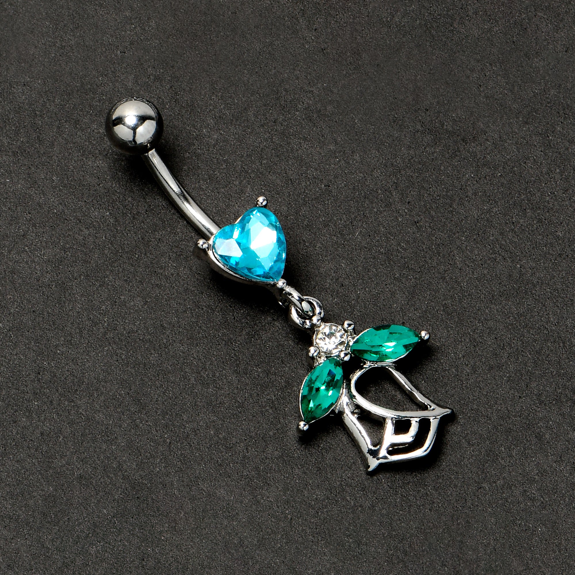 Blue CZ Gem Heart And Rose Dangle Belly Ring