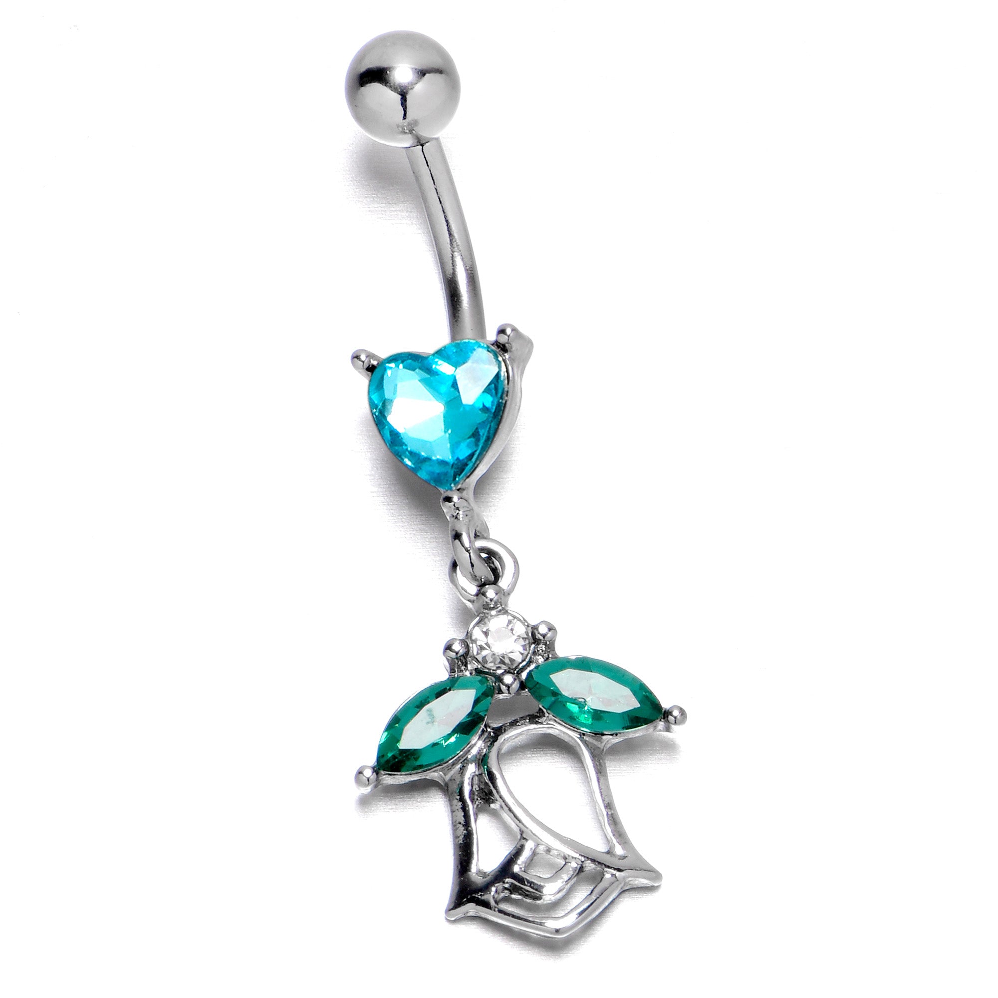 Blue CZ Gem Heart And Rose Dangle Belly Ring