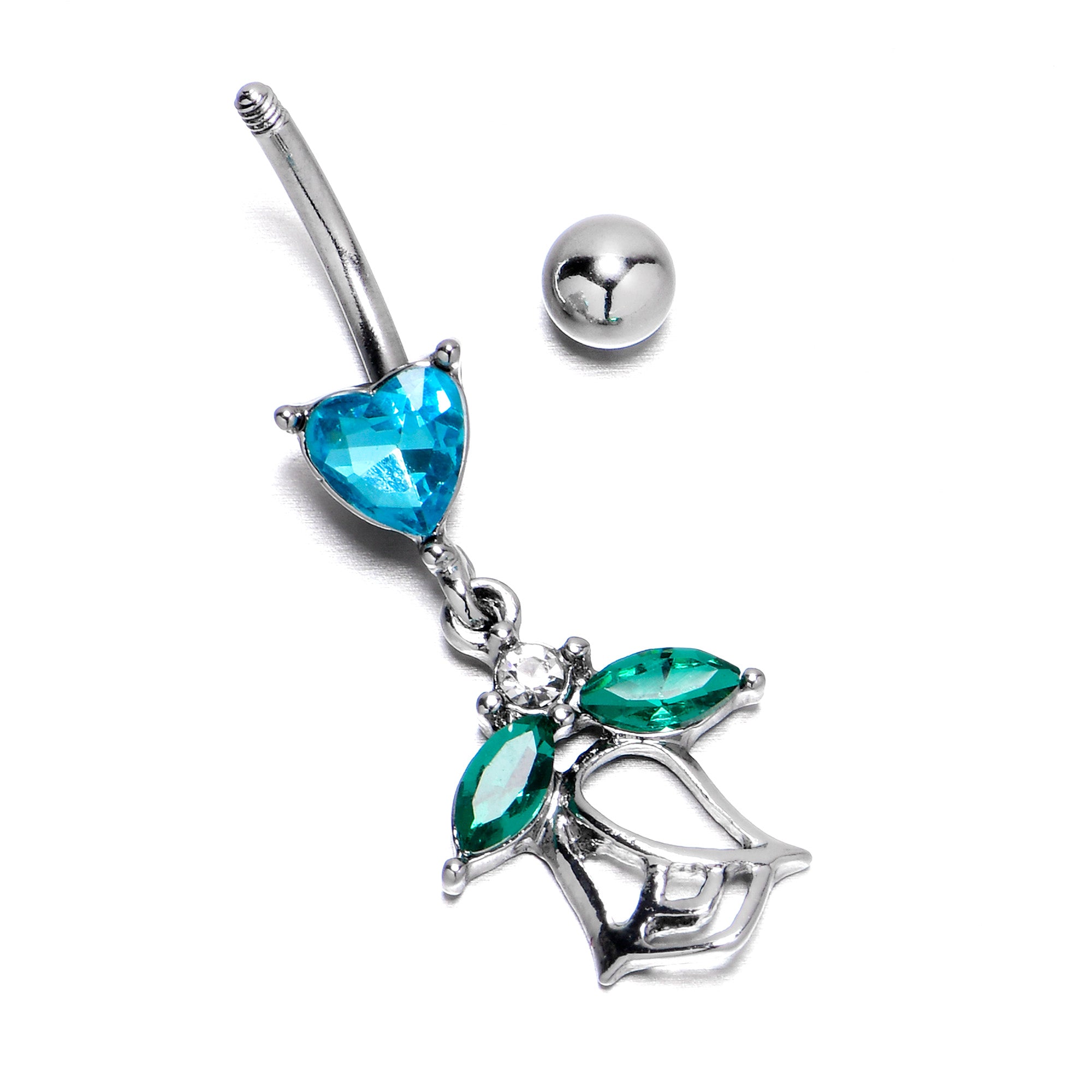 Blue CZ Gem Heart And Rose Dangle Belly Ring