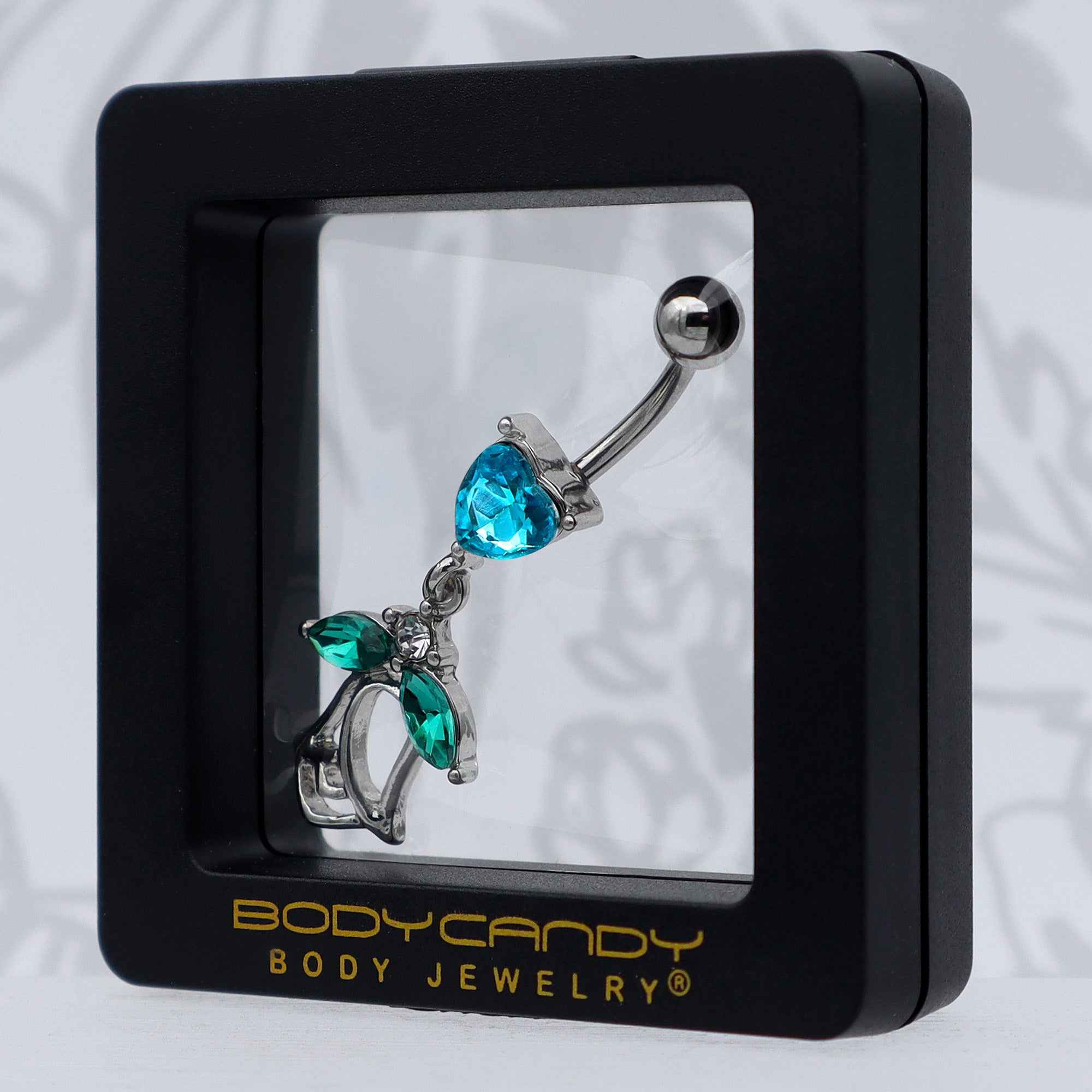 Blue CZ Gem Heart And Rose Dangle Belly Ring