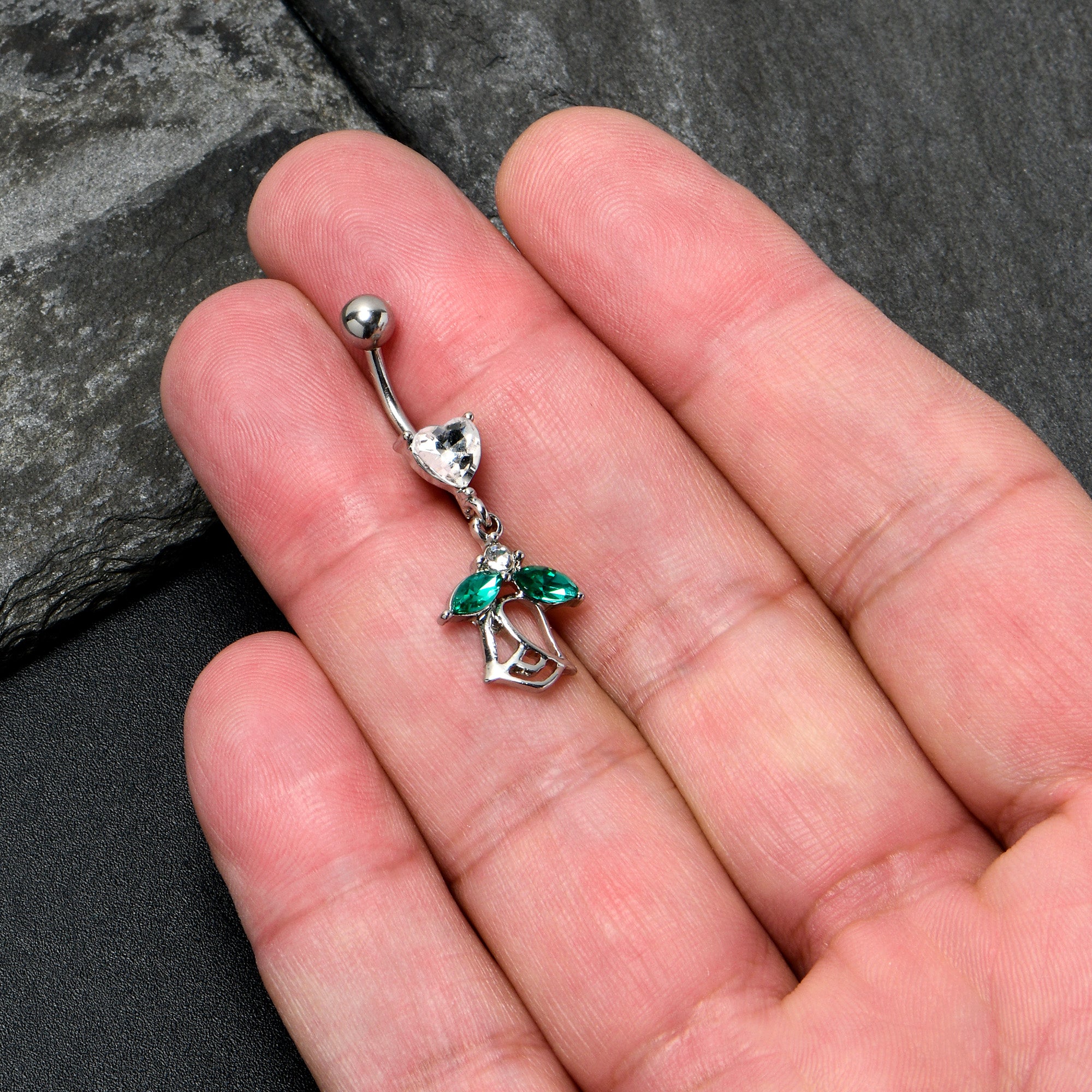 Clear CZ Gem Heart And Rose Dangle Belly Ring