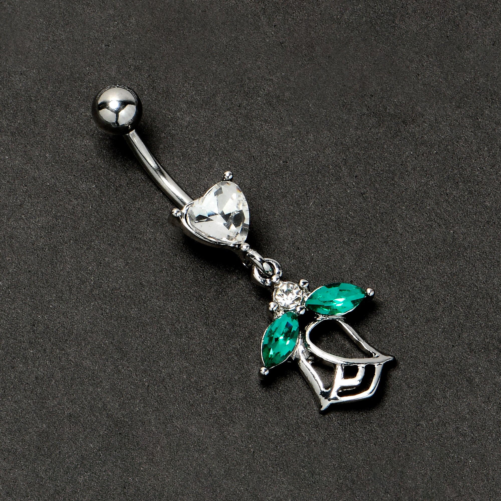 Clear CZ Gem Heart And Rose Dangle Belly Ring