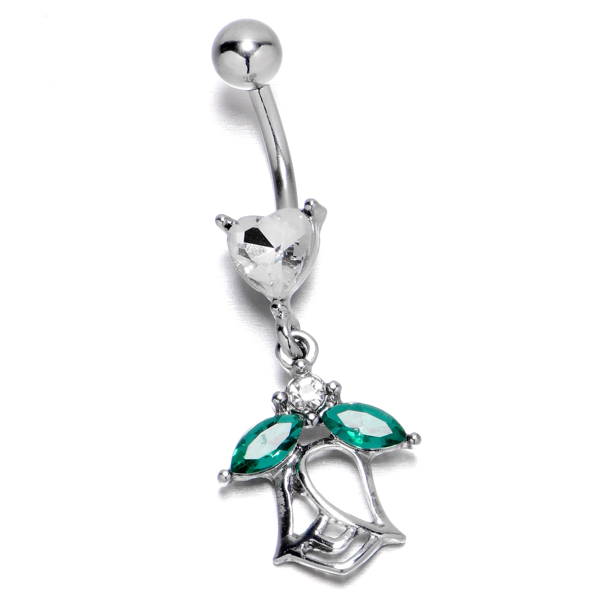 Clear CZ Gem Heart And Rose Dangle Belly Ring