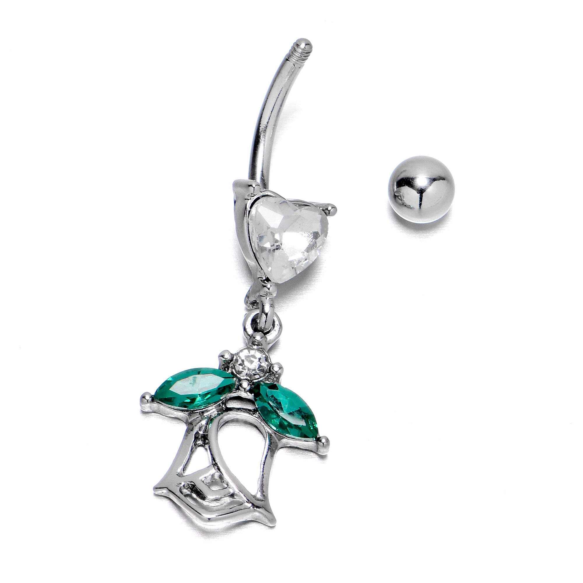 Clear CZ Gem Heart And Rose Dangle Belly Ring