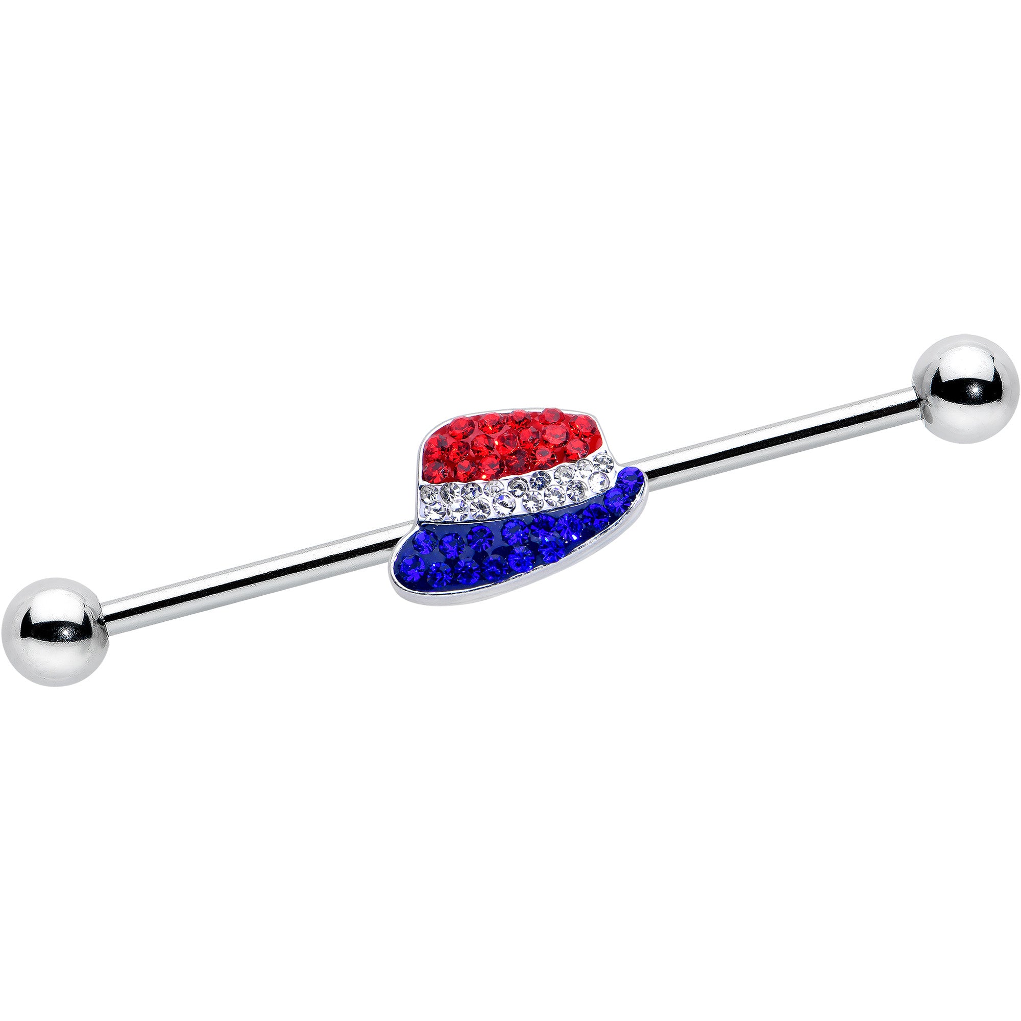 14 Gauge Red Blue Clear Gem Patriotic Hat Industrial Barbell 38mm