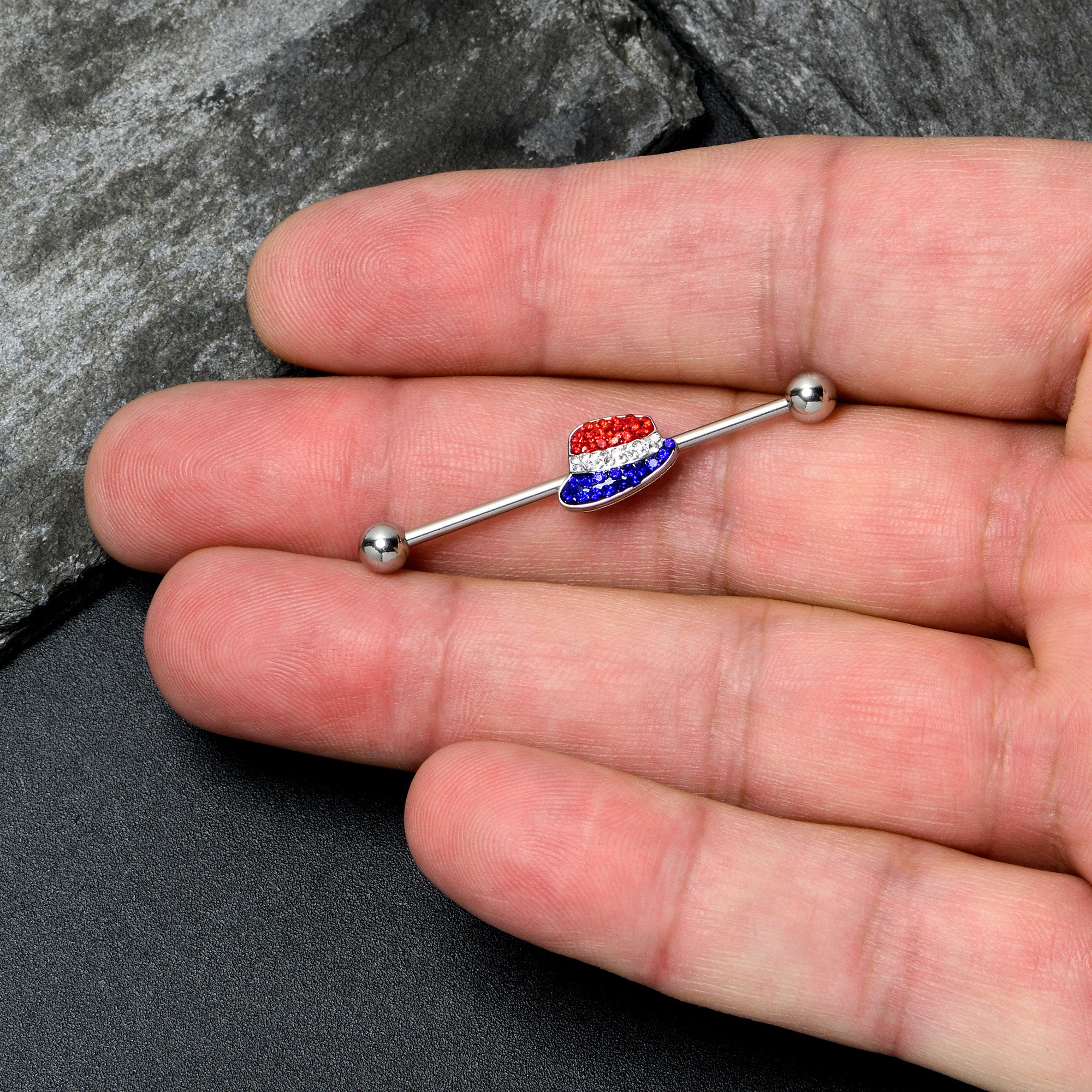 14 Gauge Red Blue Clear Gem Patriotic Hat Industrial Barbell 38mm