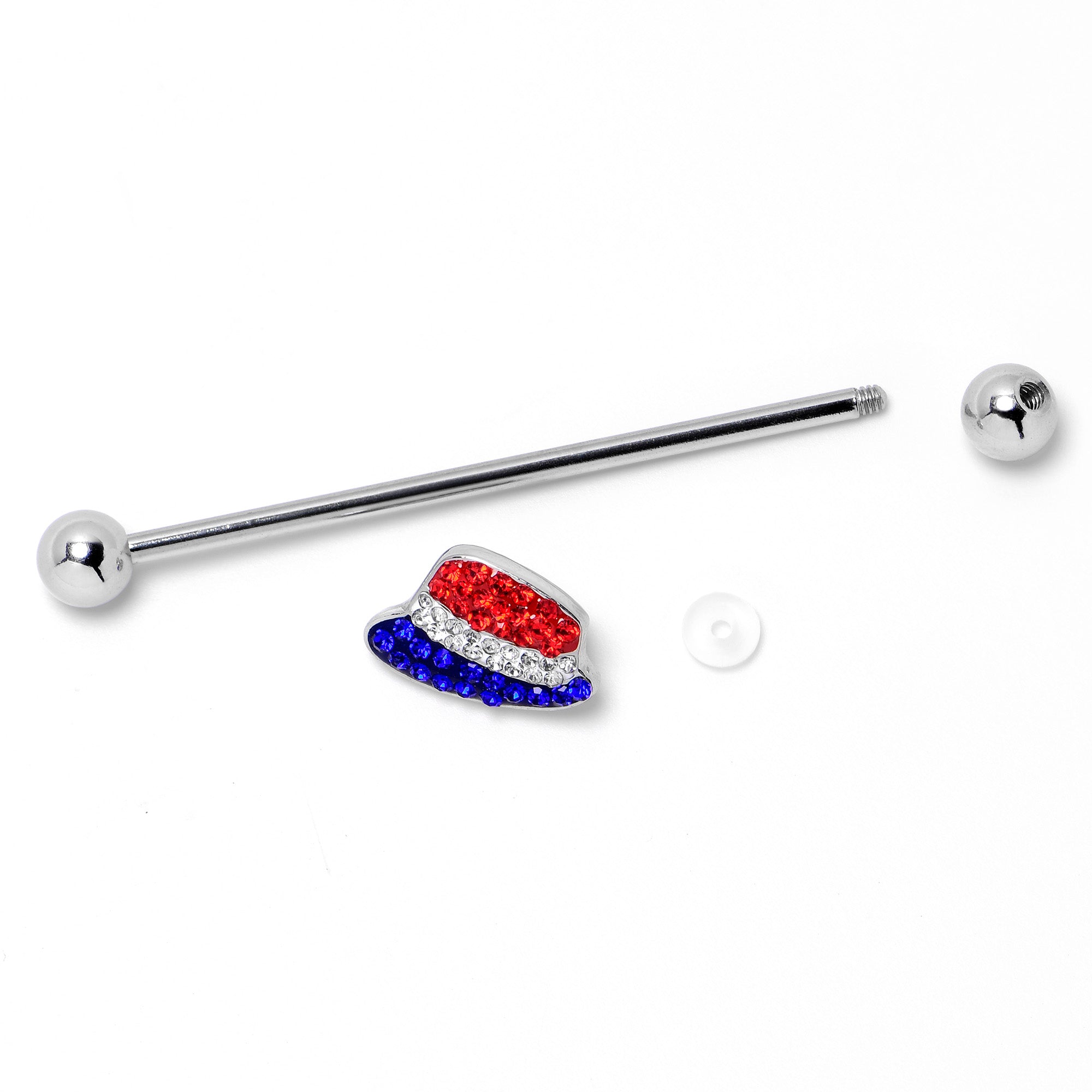 14 Gauge Red Blue Clear Gem Patriotic Hat Industrial Barbell 38mm