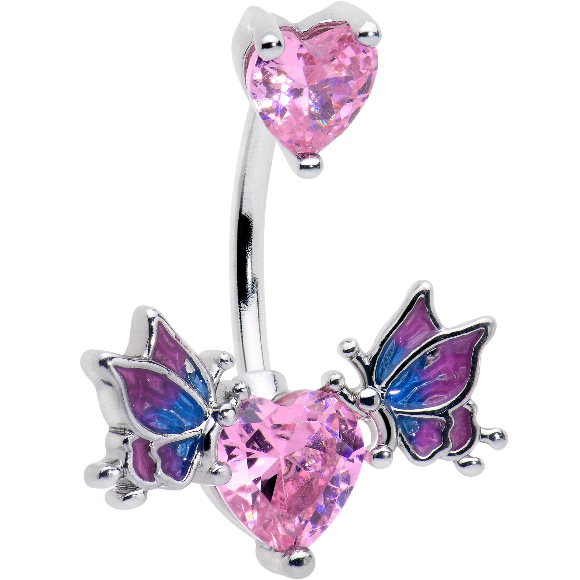 Pink CZ Gem Hearts Butterflies Purple Double Mount Belly Ring