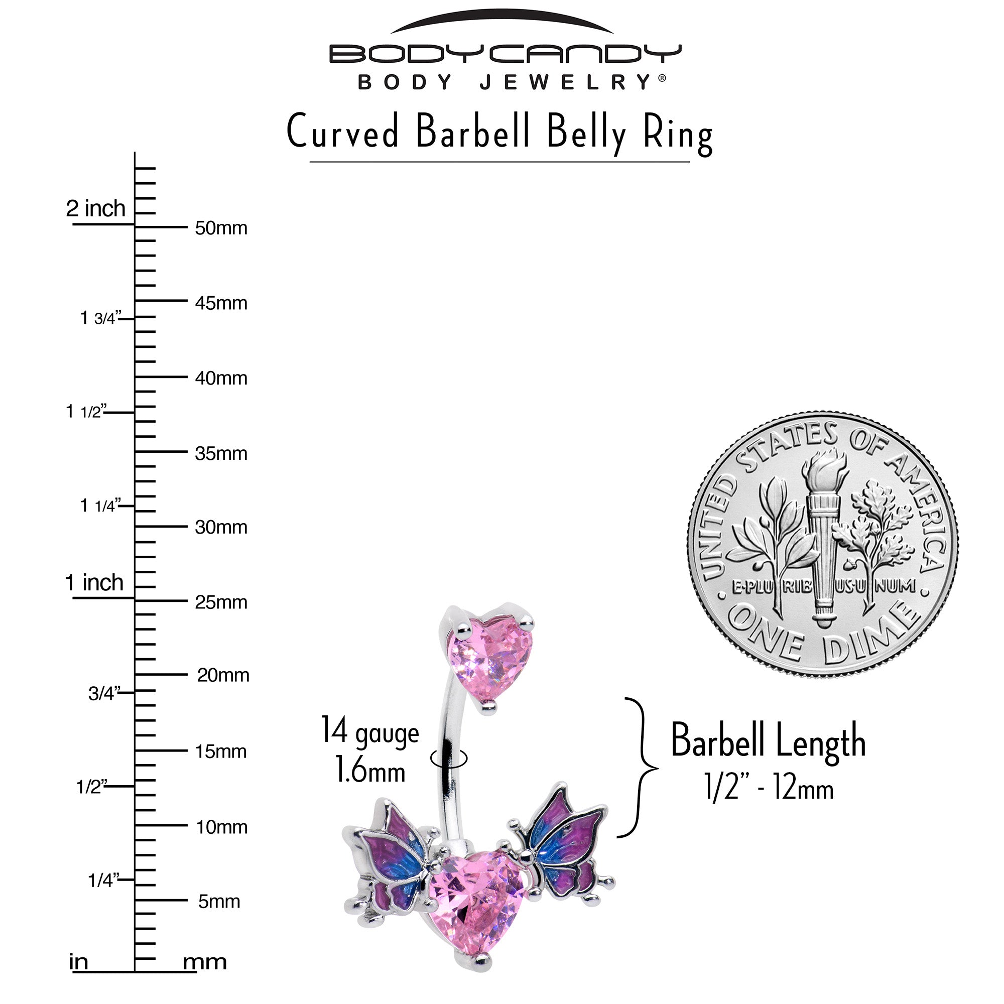 Pink CZ Gem Hearts Butterflies Purple Double Mount Belly Ring