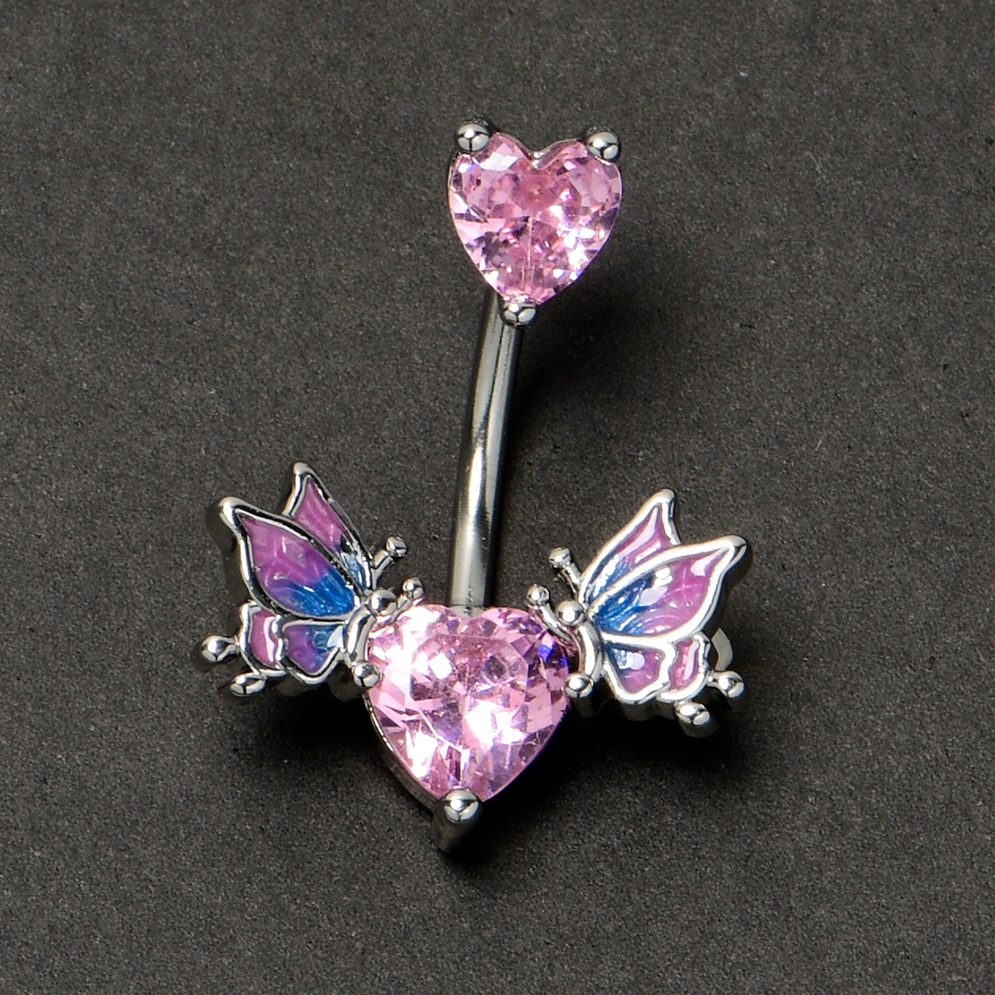 Pink CZ Gem Hearts Butterflies Purple Double Mount Belly Ring