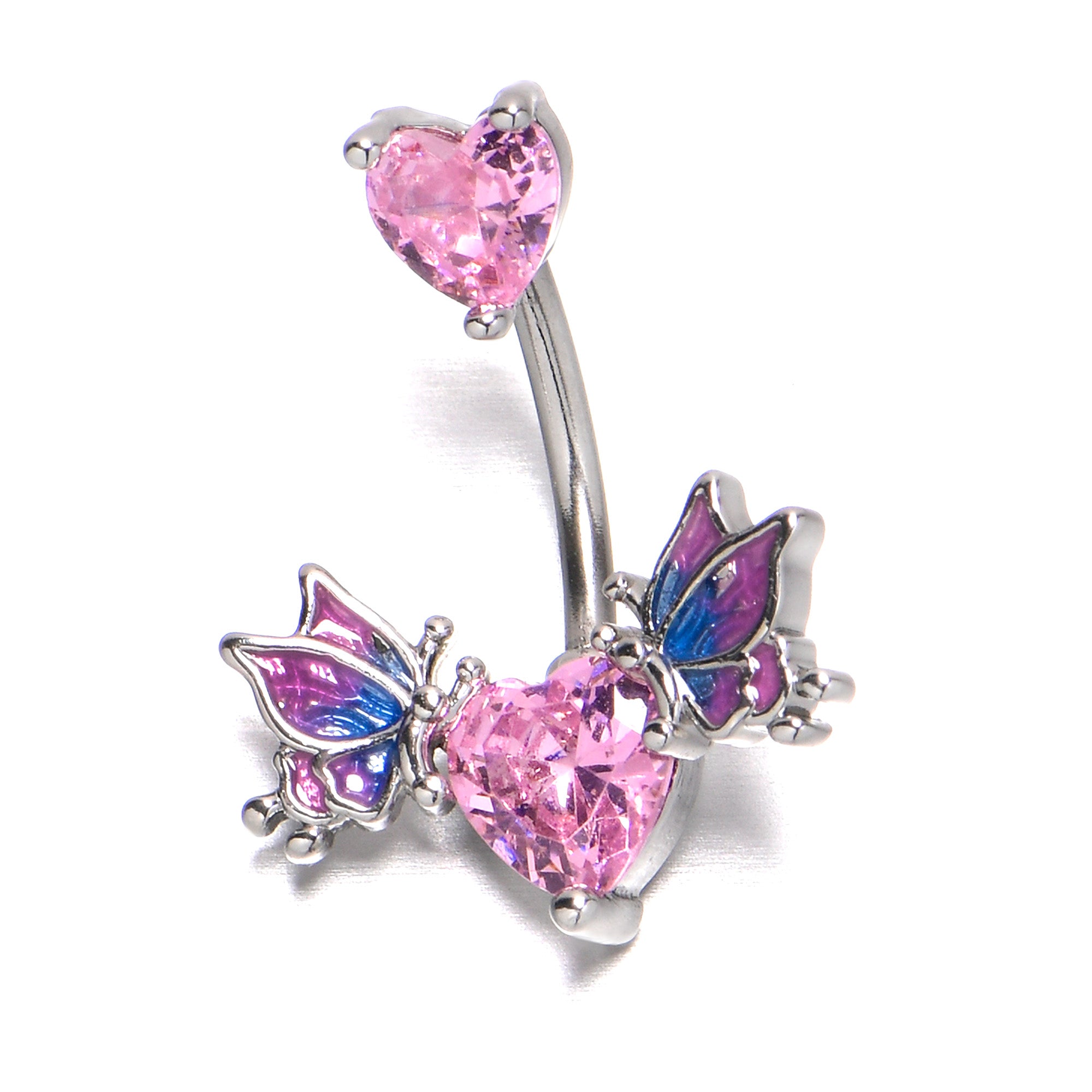 Pink CZ Gem Hearts Butterflies Purple Double Mount Belly Ring