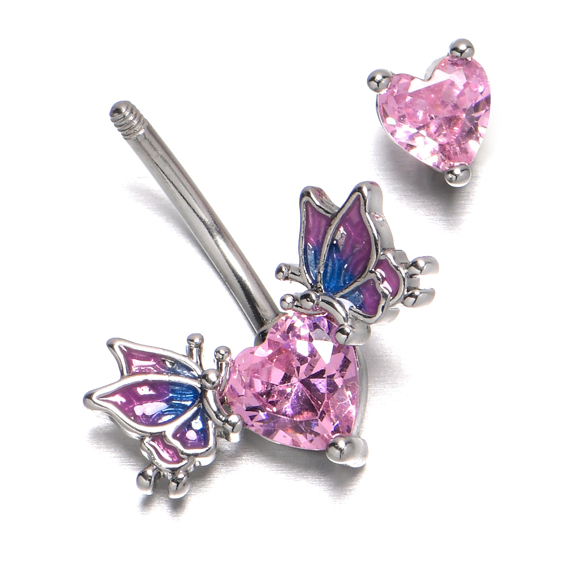 Pink CZ Gem Hearts Butterflies Purple Double Mount Belly Ring