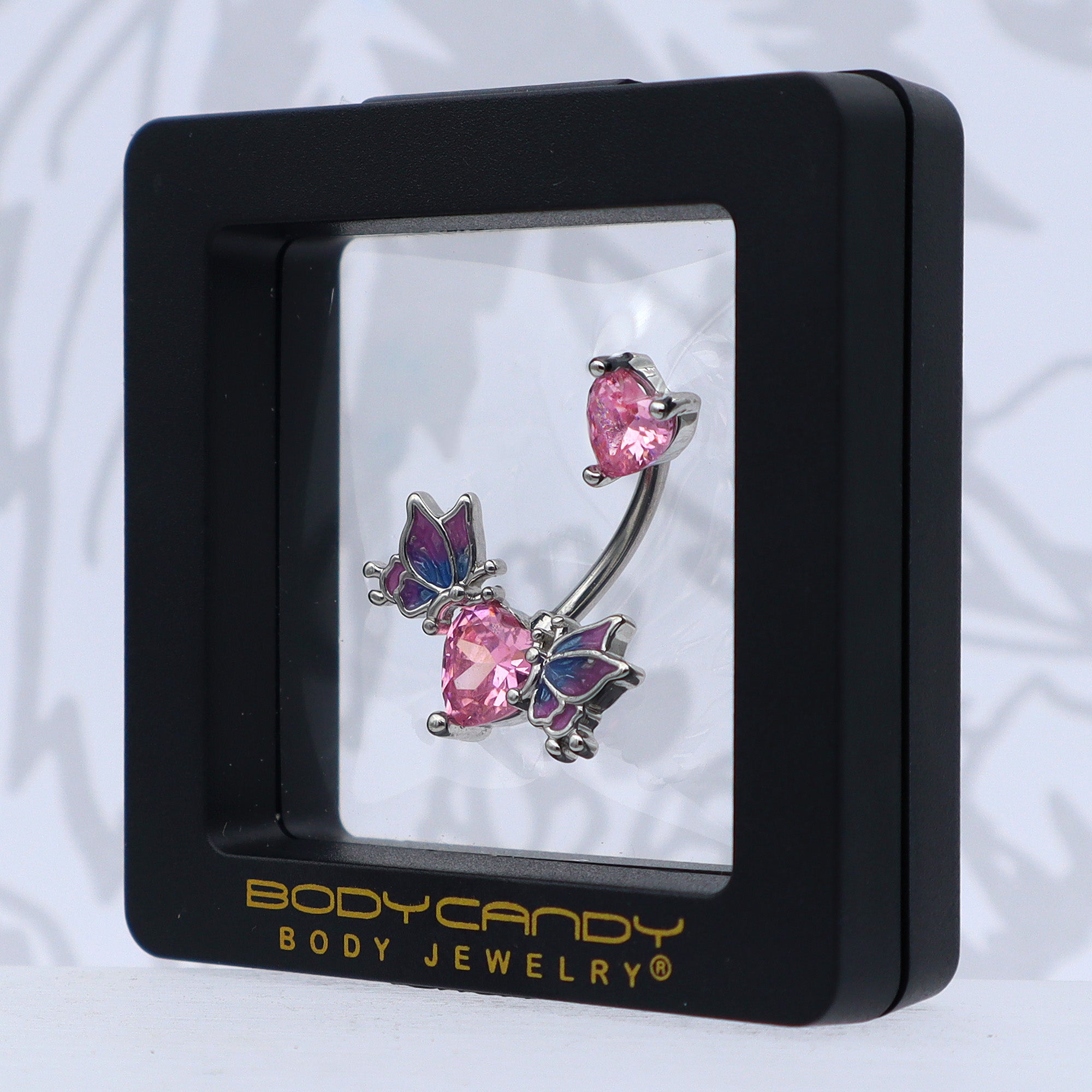 Pink CZ Gem Hearts Butterflies Purple Double Mount Belly Ring