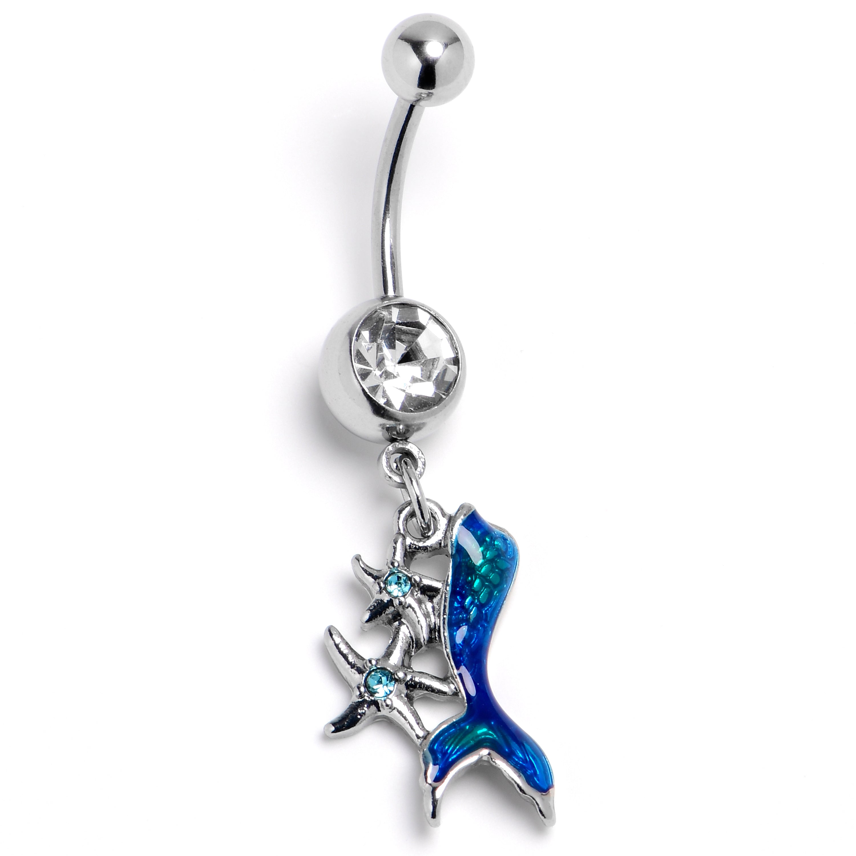 Blue Clear Gem Blue Mermaid Tail Stars Dangle Belly Ring