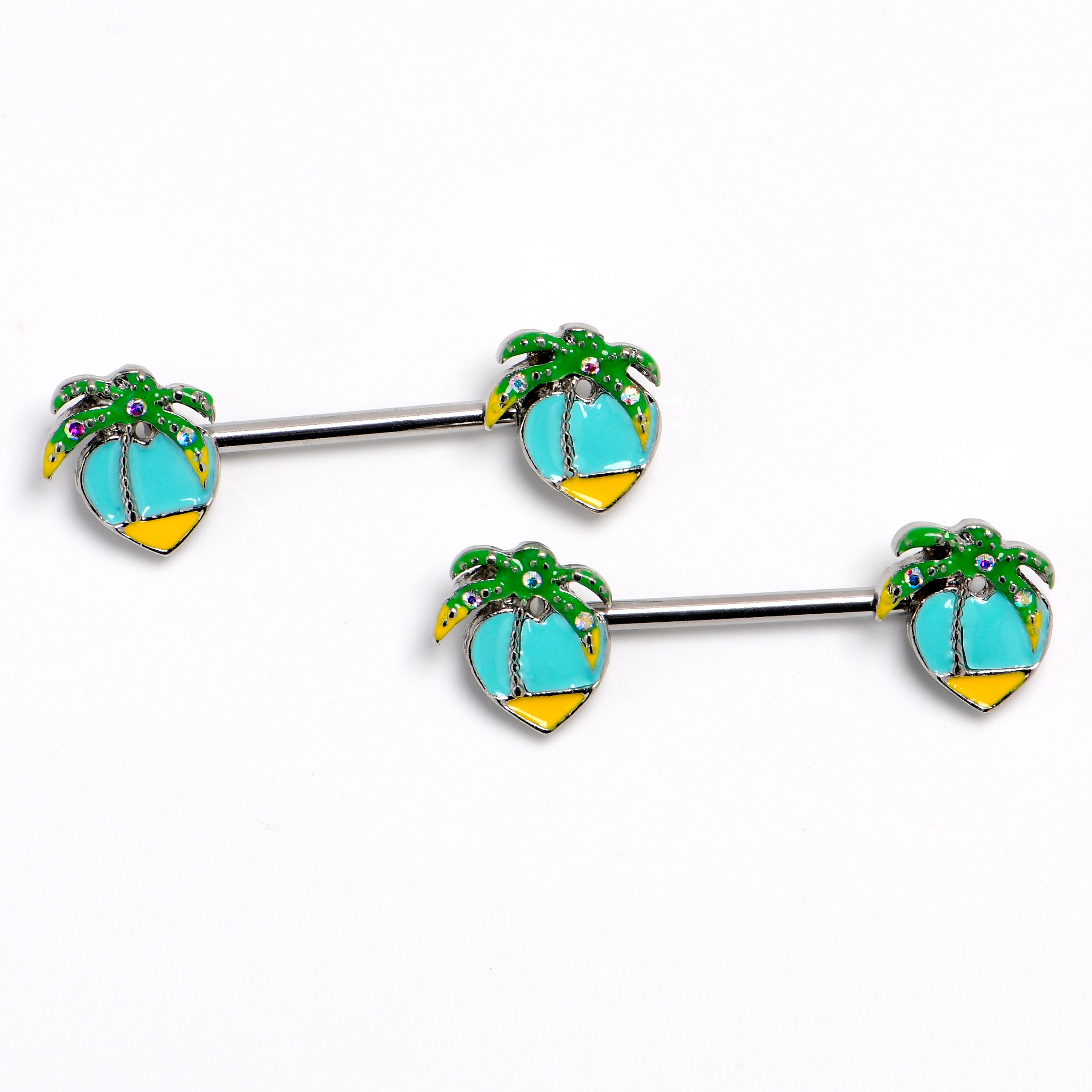 14 Gauge 9/16 Aurora Gem Beach Heart Palm Tree Barbell Nipple Ring Set