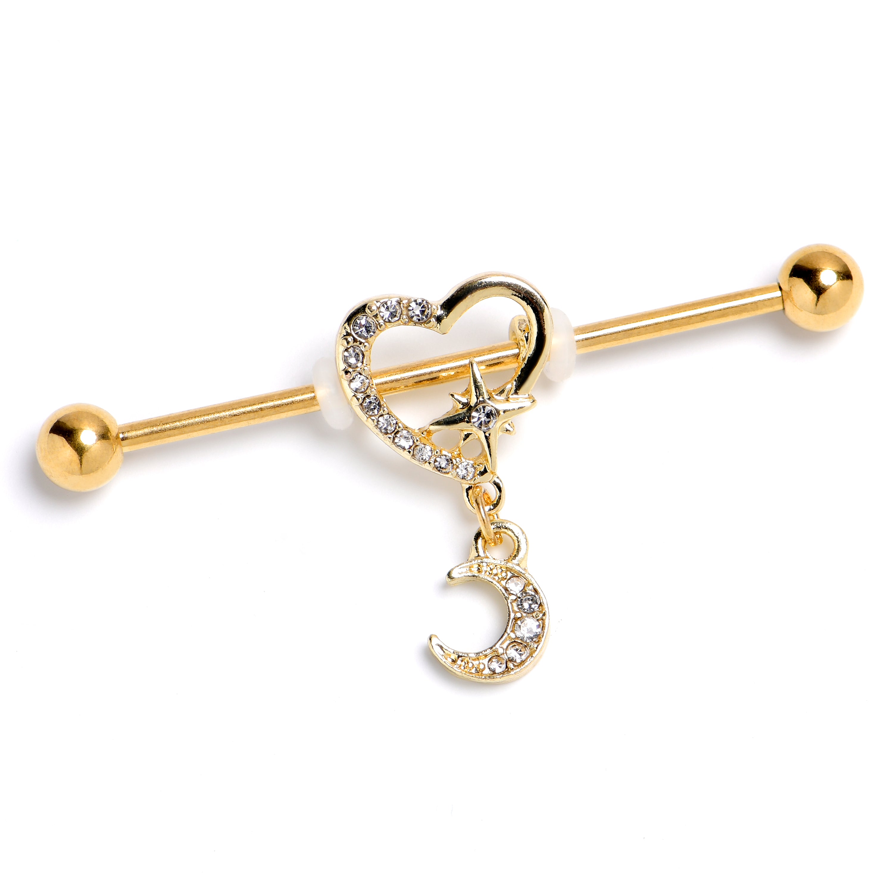 14 Gauge Clear Gem Gold Tone Heart Moon Dangle Industrial Barbell 38mm