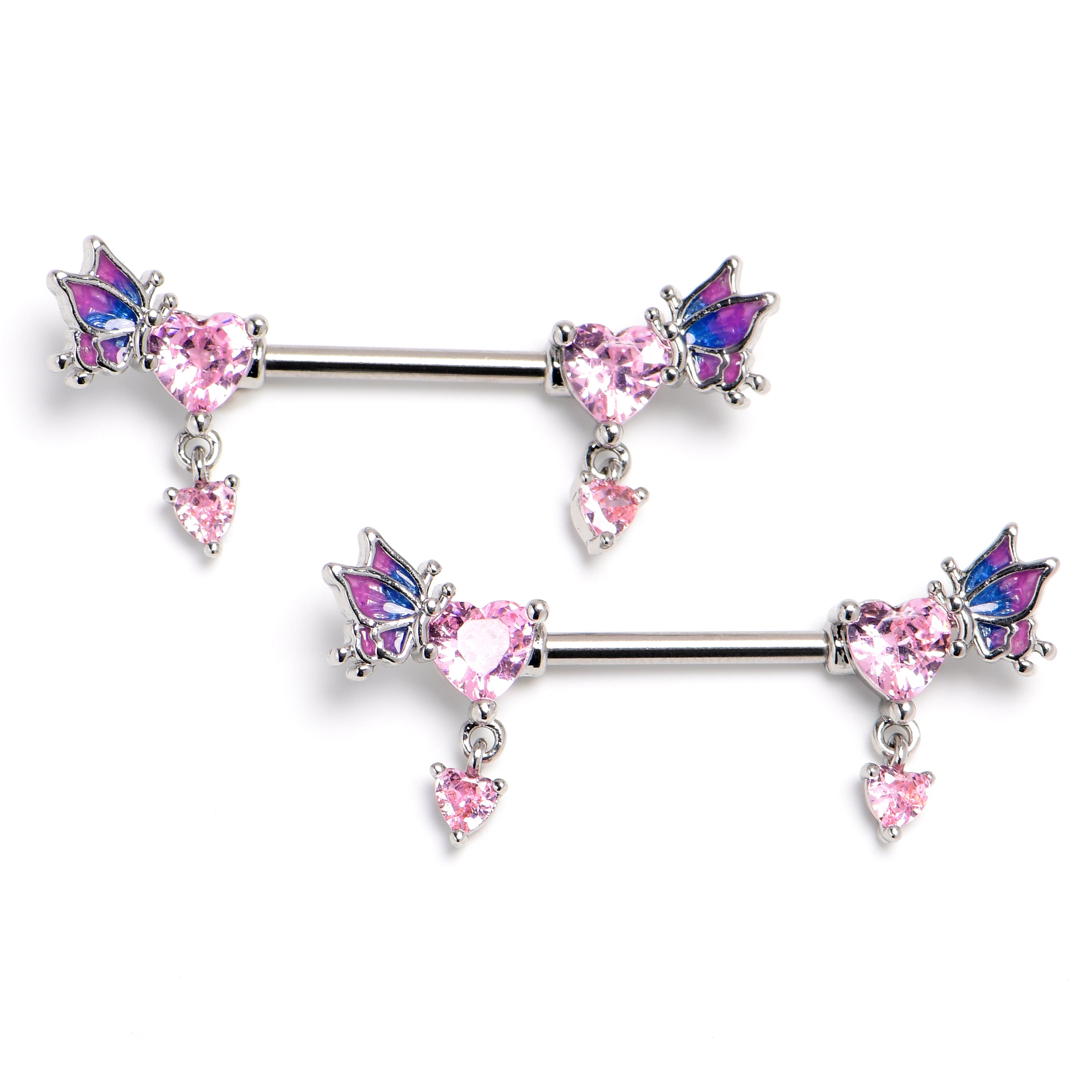 14 Gauge 9/16 Pink Gem Heart Butterfly Purple Dangle Nipple Ring Set