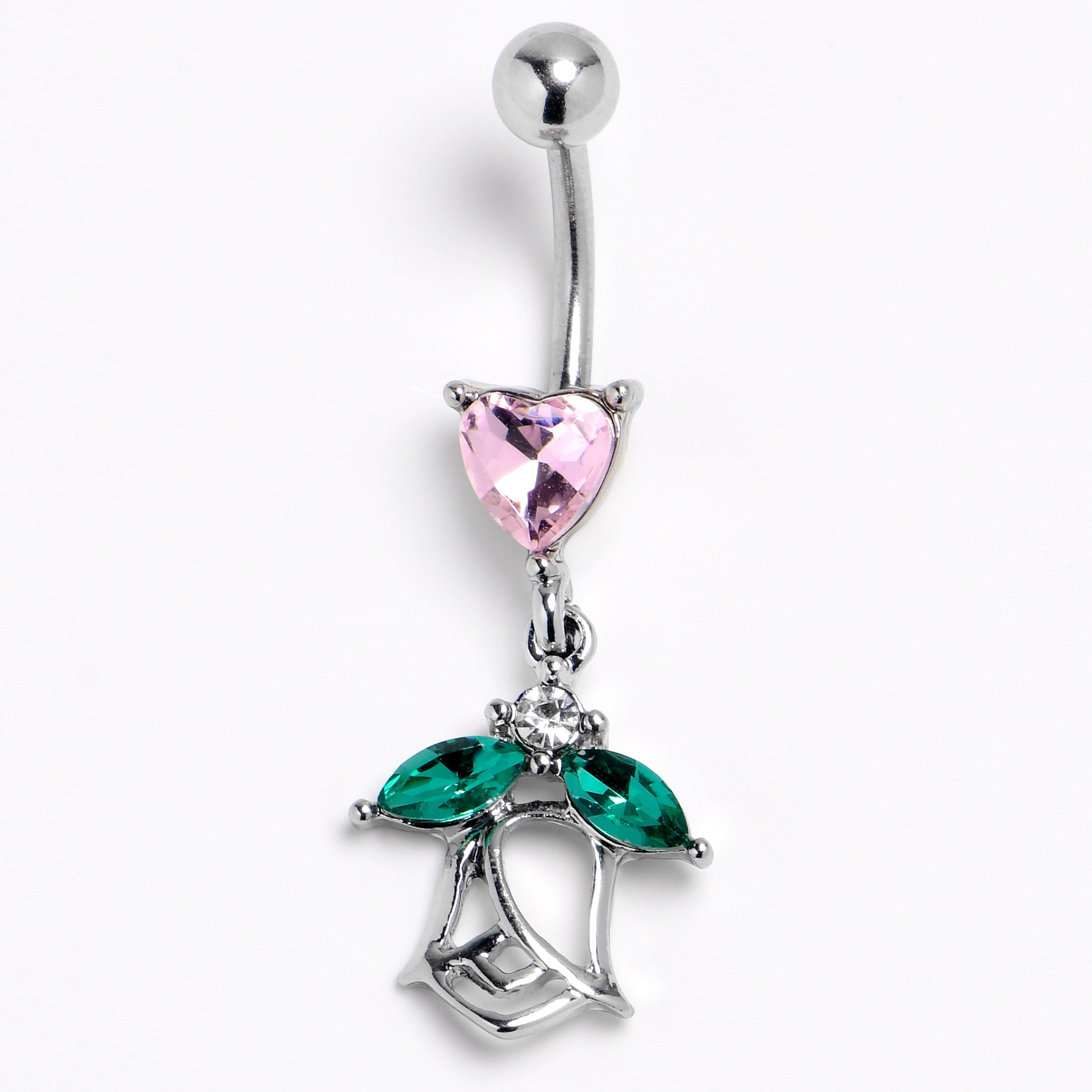 Pink Gem Heart And Rose Dangle Belly Ring