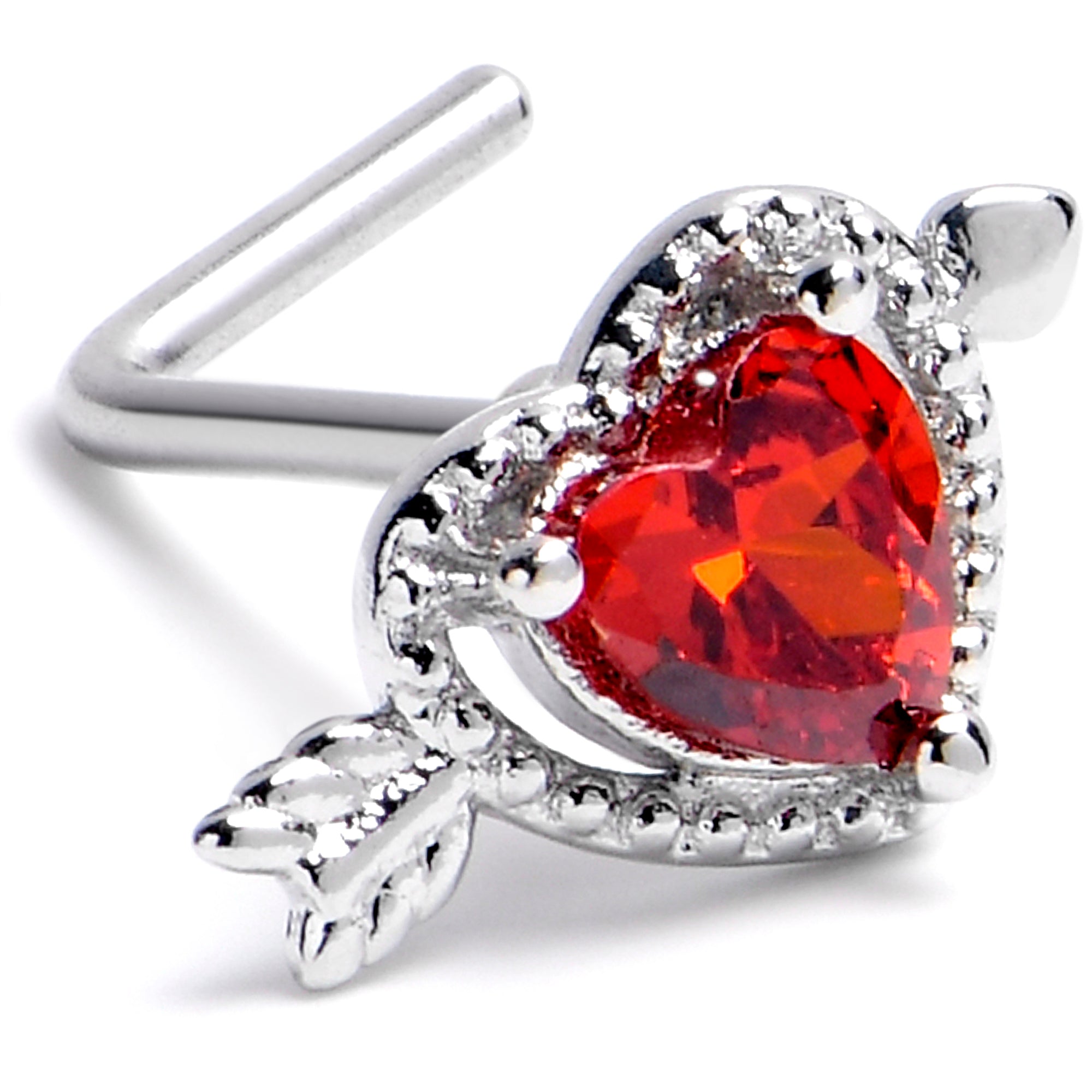 20 Gauge 1/4 Red CZ Gem Fusion of Love L Shape Nose Ring