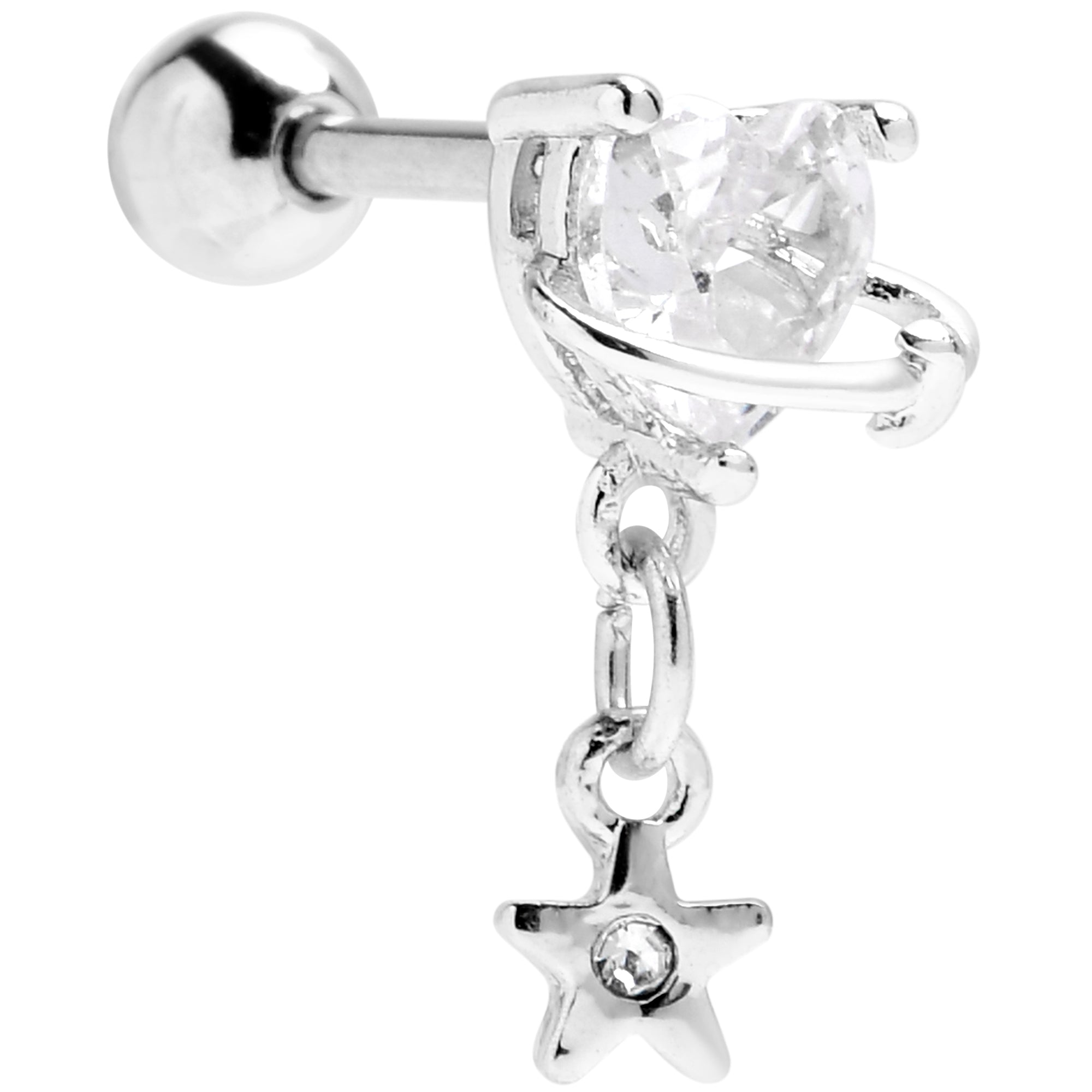 16 Gauge 1/4 Clear CZ Gem Starry Saturn Dangle Cartilage Earring